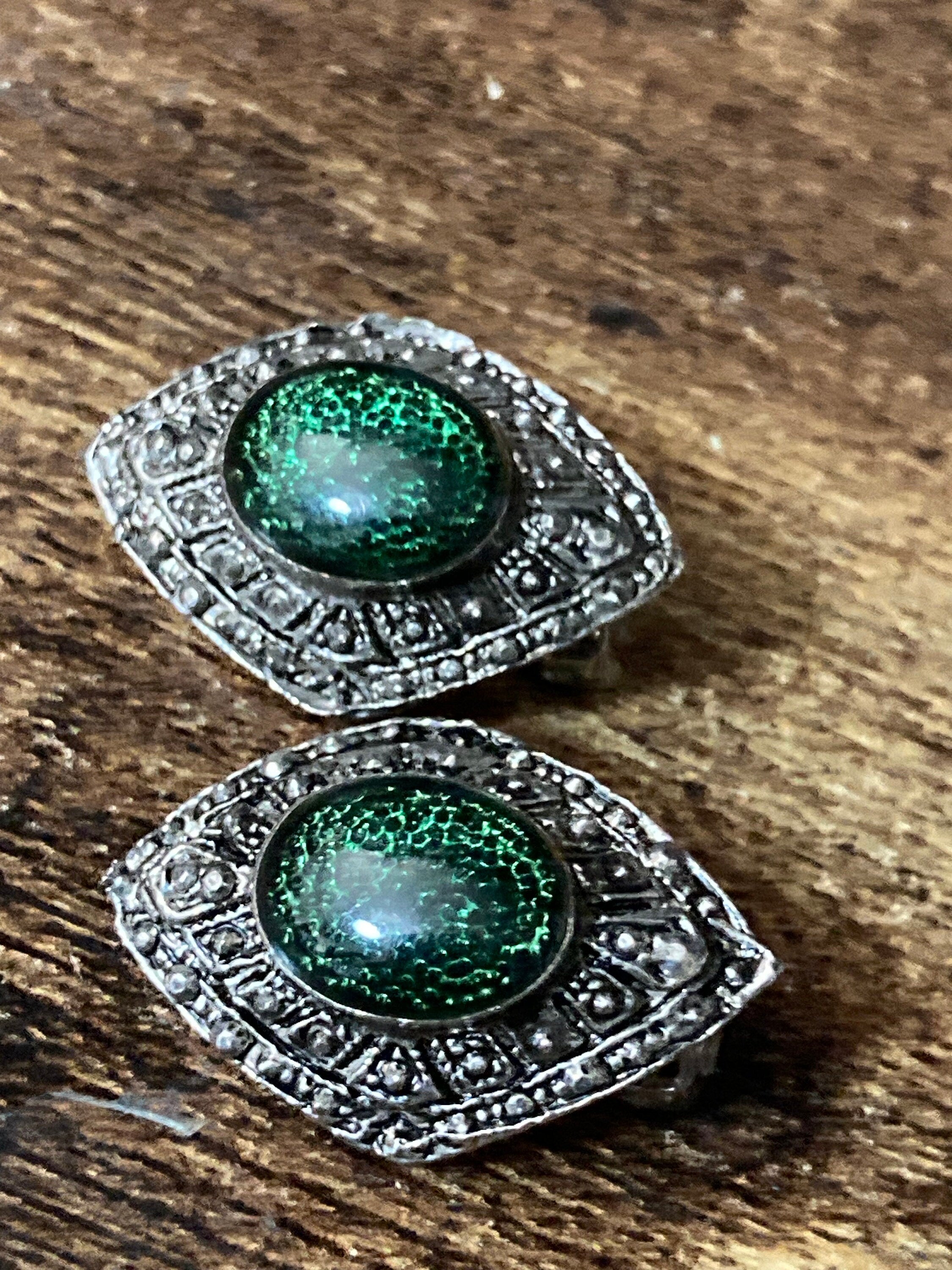Czech filigree Clip on earrings with emerald green glass cabochon