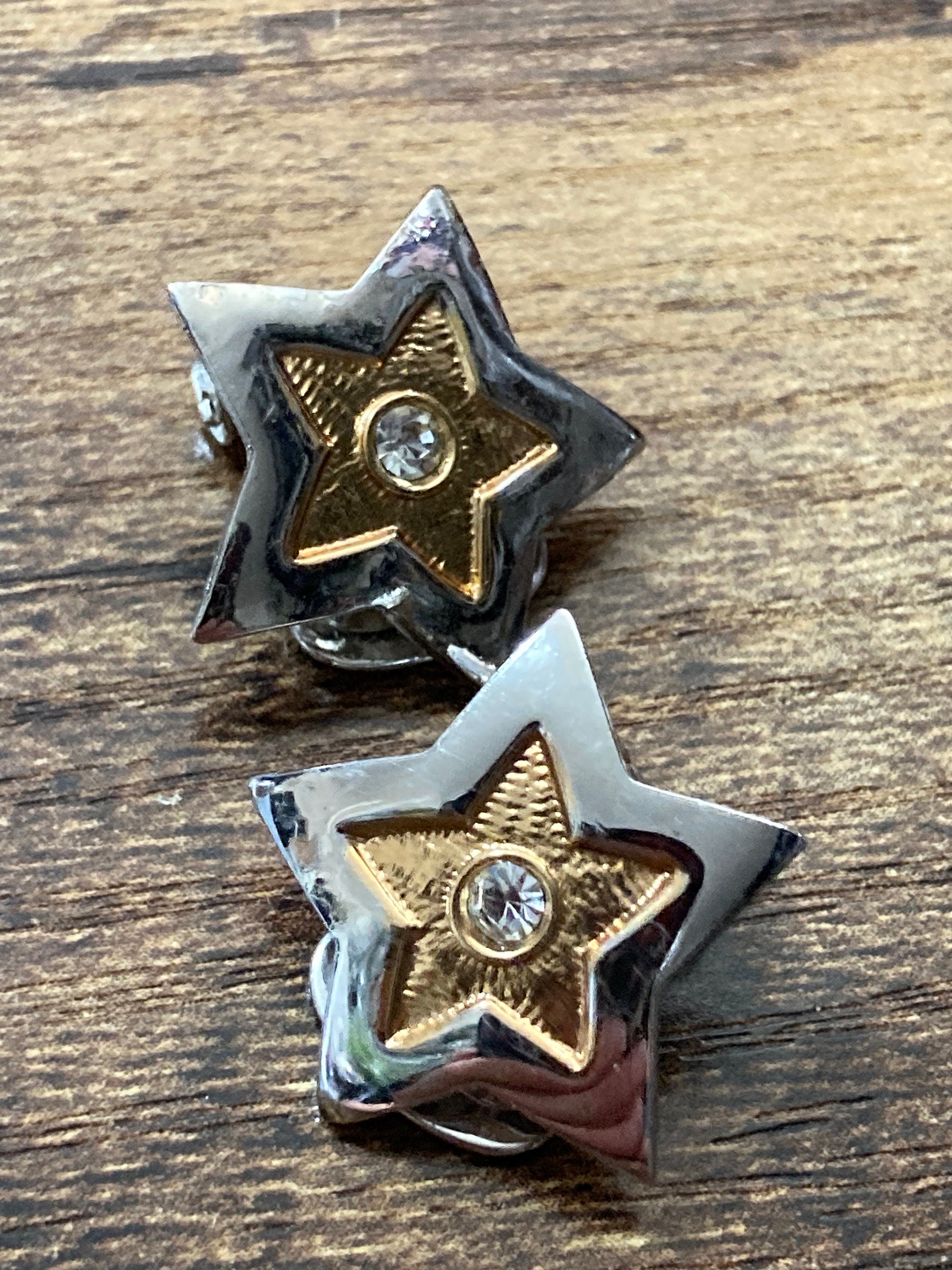 Signed BB Italy Star Clip On Earrings: Gold & Silver Tone Diamanté
