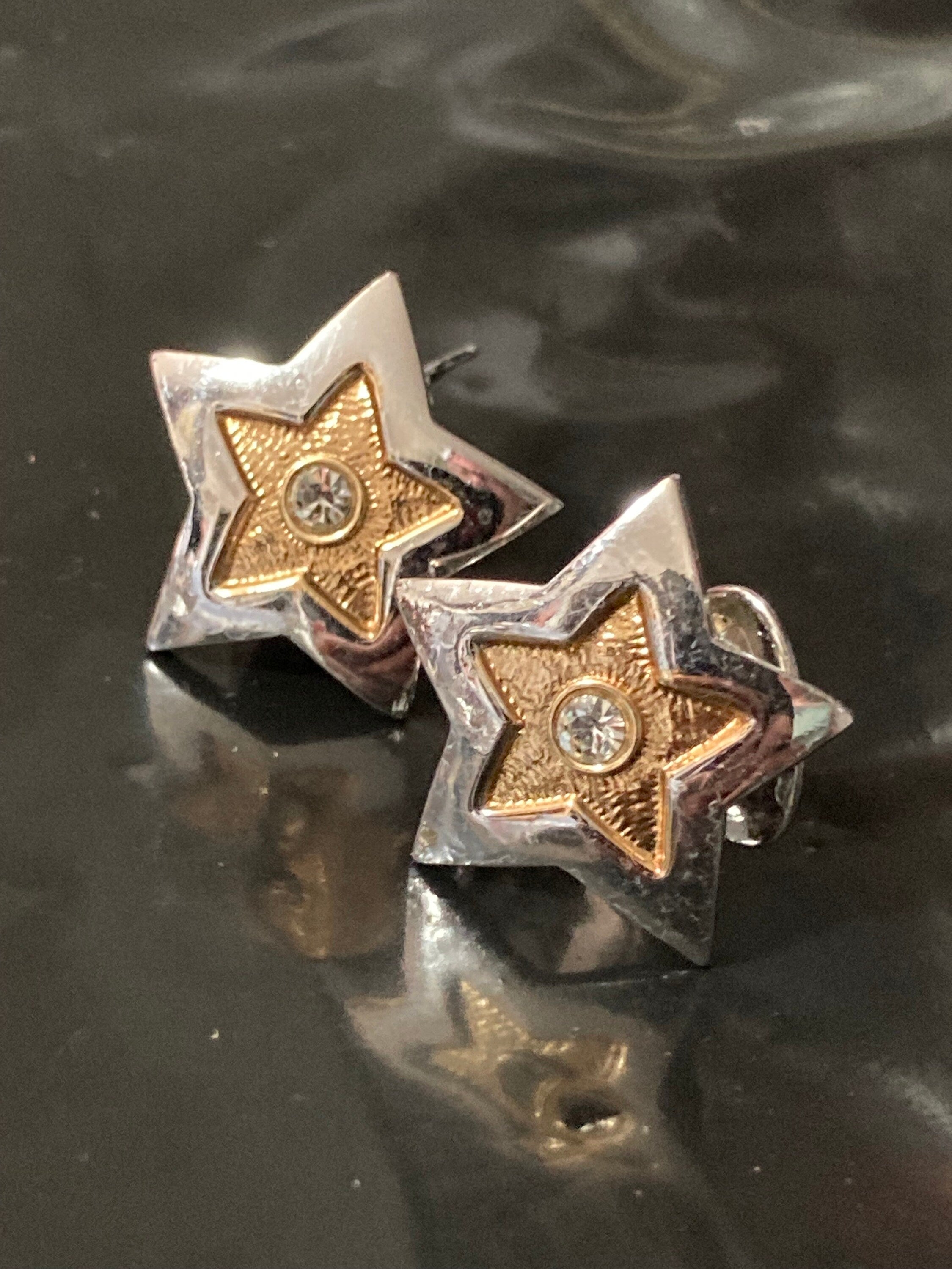 Signed BB Italy Star Clip On Earrings: Gold & Silver Tone Diamanté