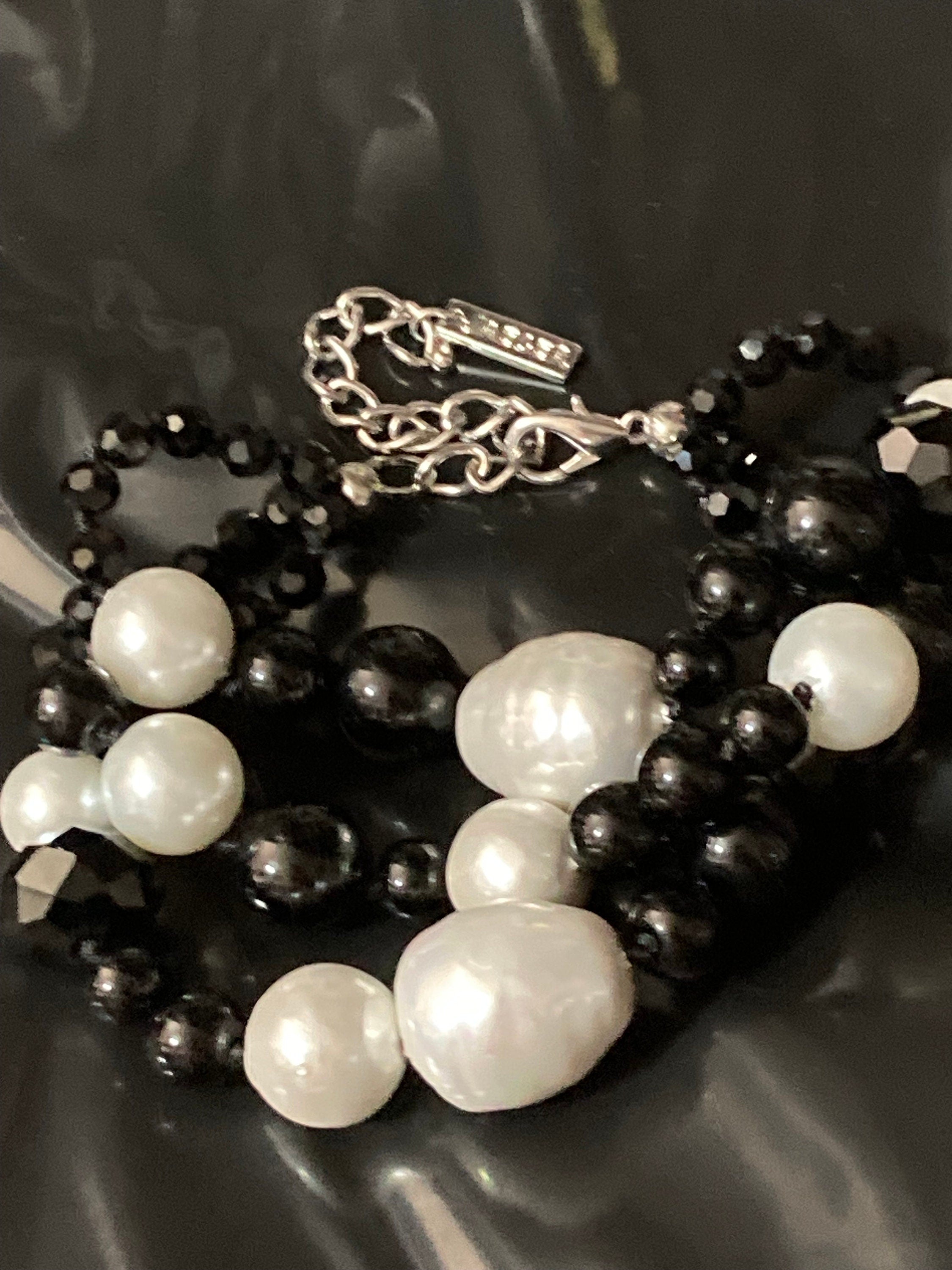 Signed JAEGER chunky monochrome faux pearl and glass triple beaded bracelet