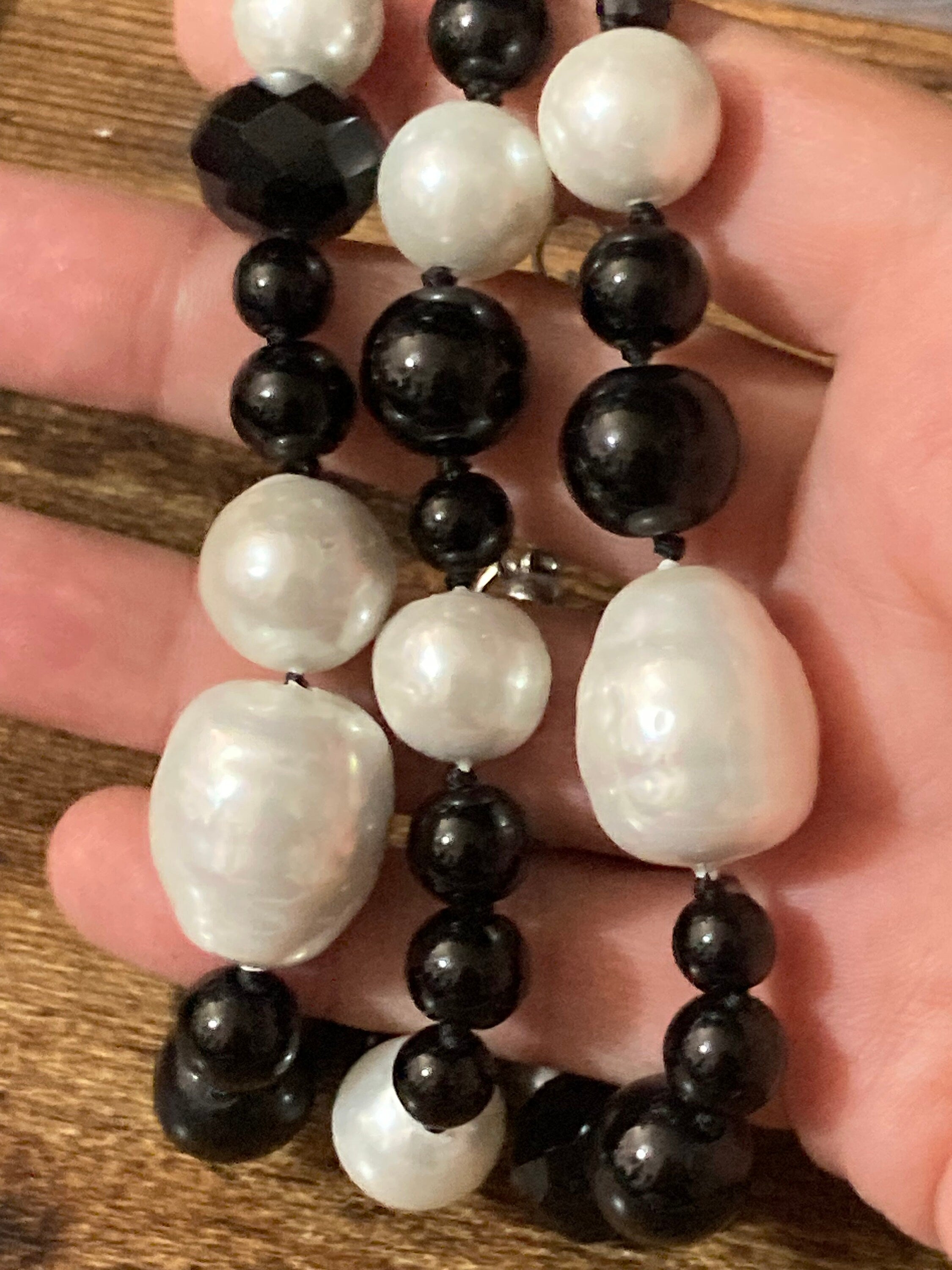 Signed JAEGER chunky monochrome faux pearl and glass triple beaded bracelet