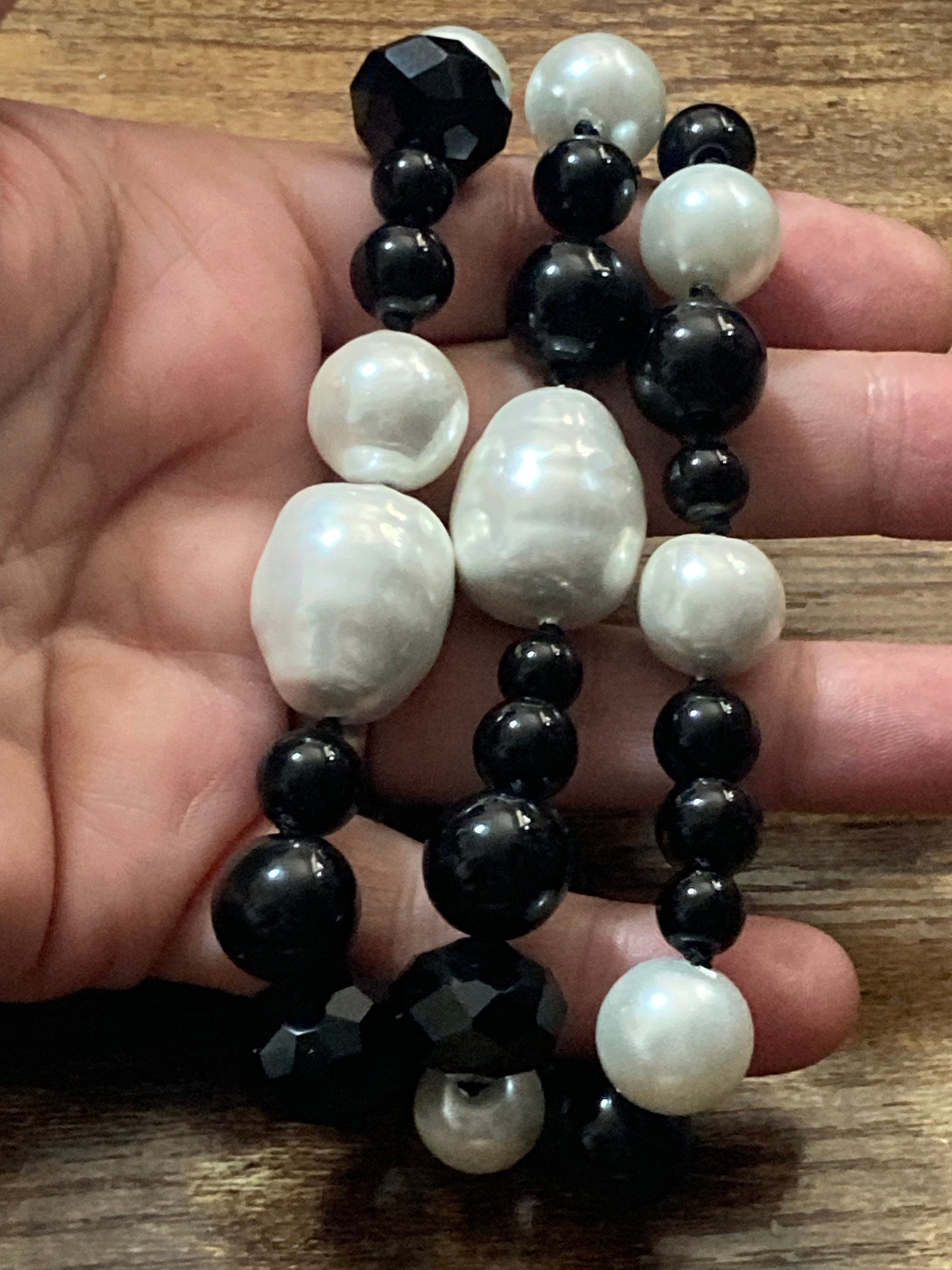 Signed JAEGER chunky monochrome faux pearl and glass triple beaded bracelet