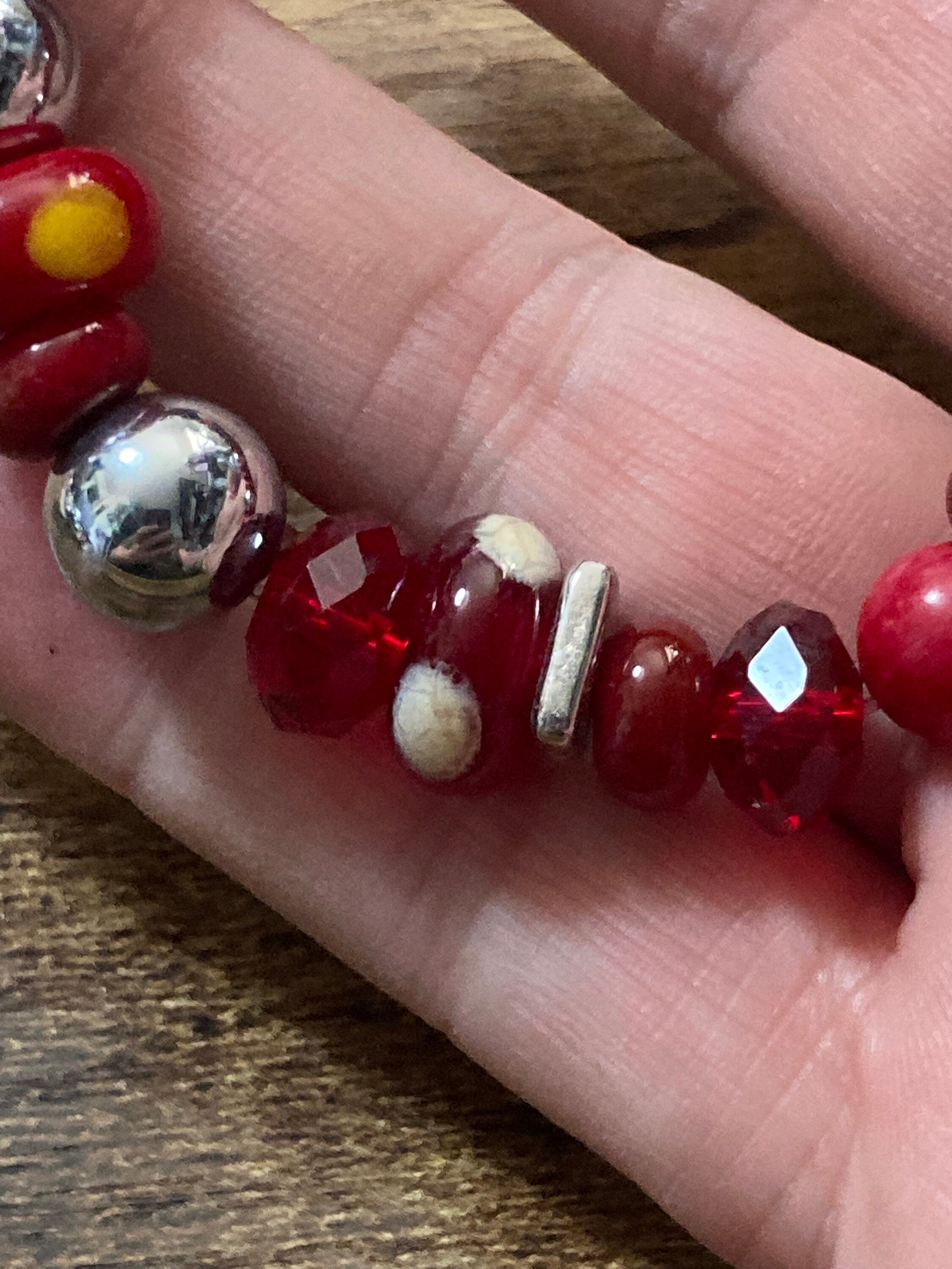 Beautiful silver Ruby red ceramic glass lamp work beaded stretch bracelet perfect for layering
