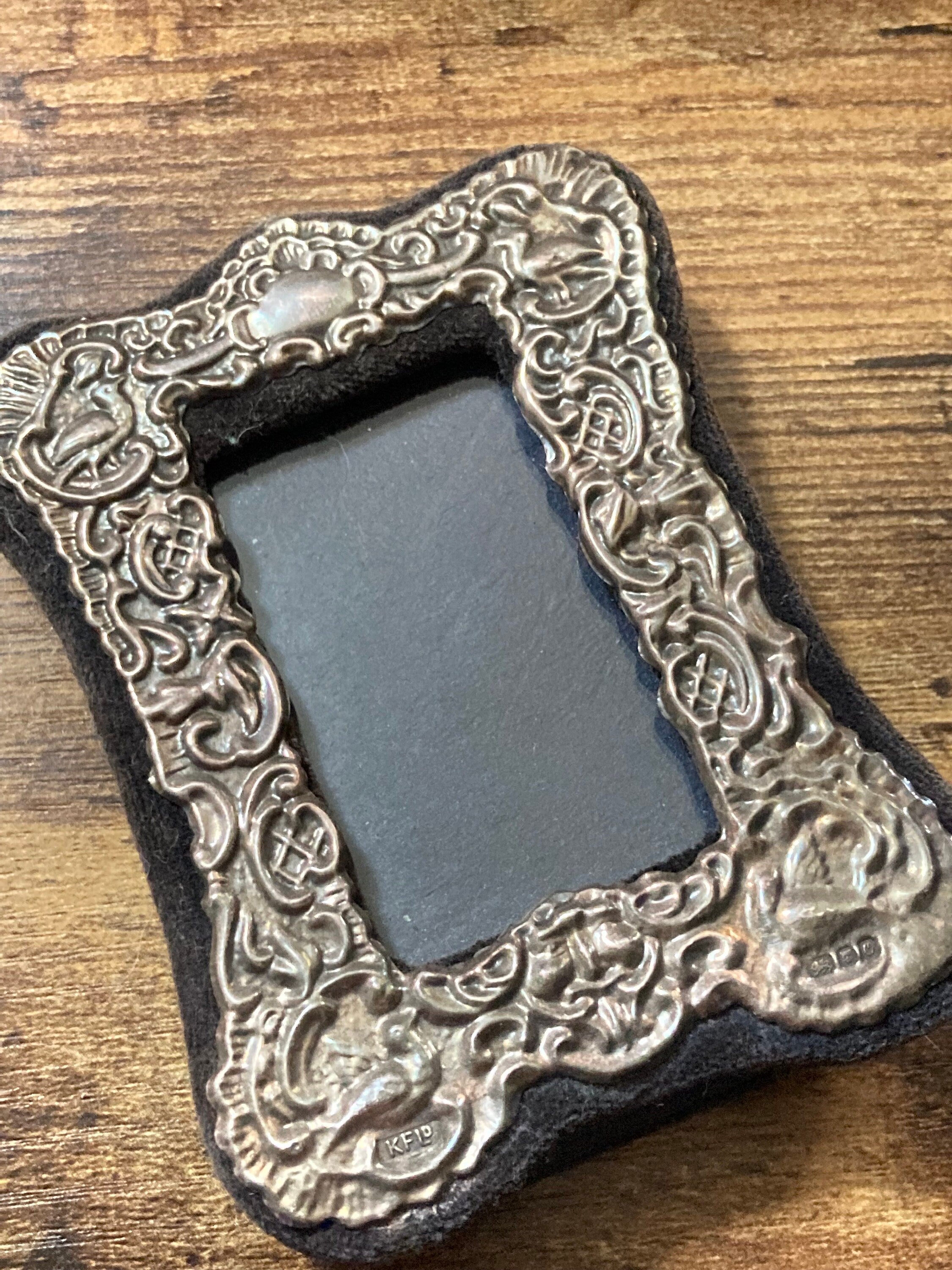 Embossed Sterling Silver Miniature Photo Frame - Blue Velvet Back