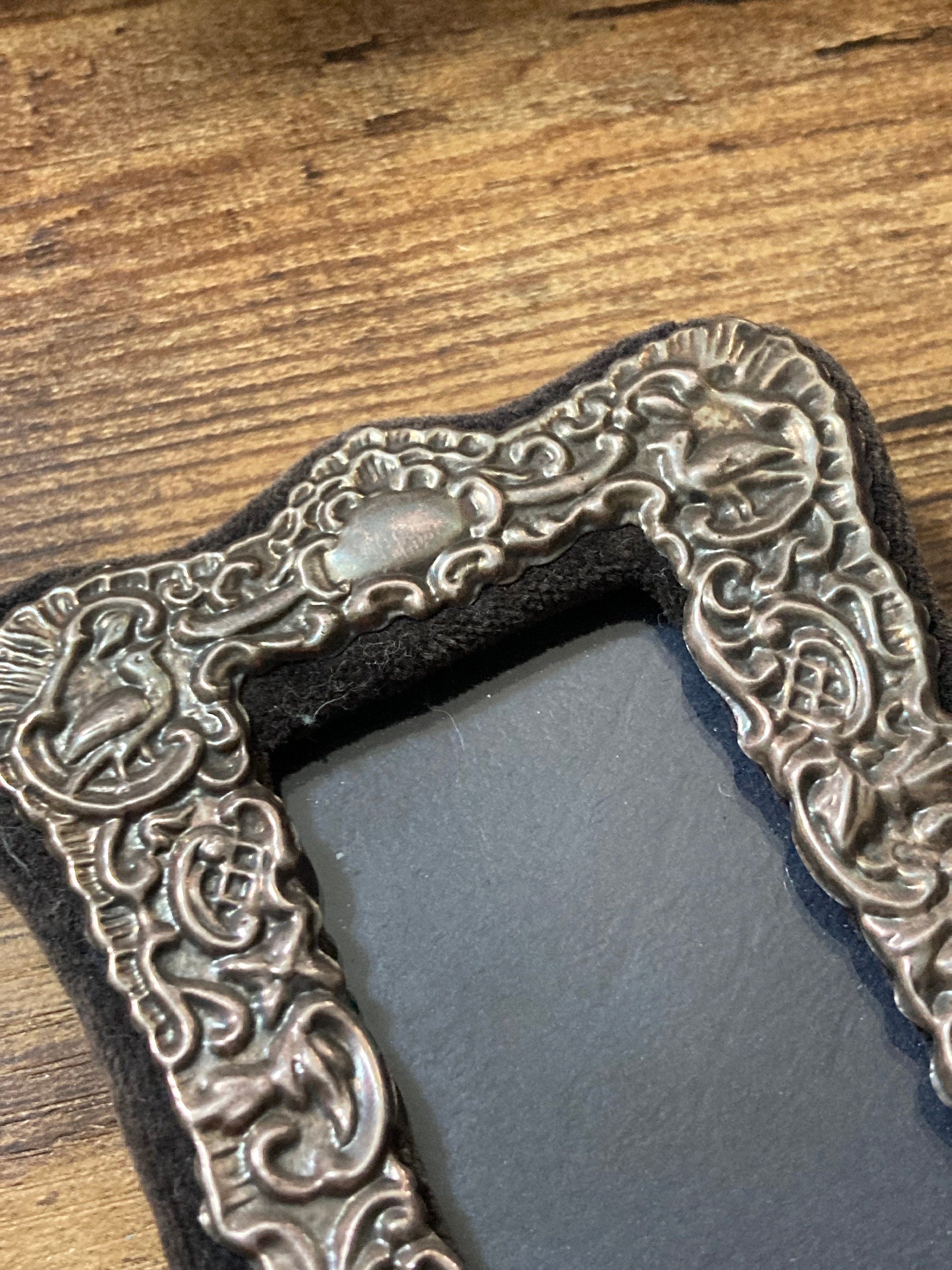 Embossed Sterling Silver Miniature Photo Frame - Blue Velvet Back