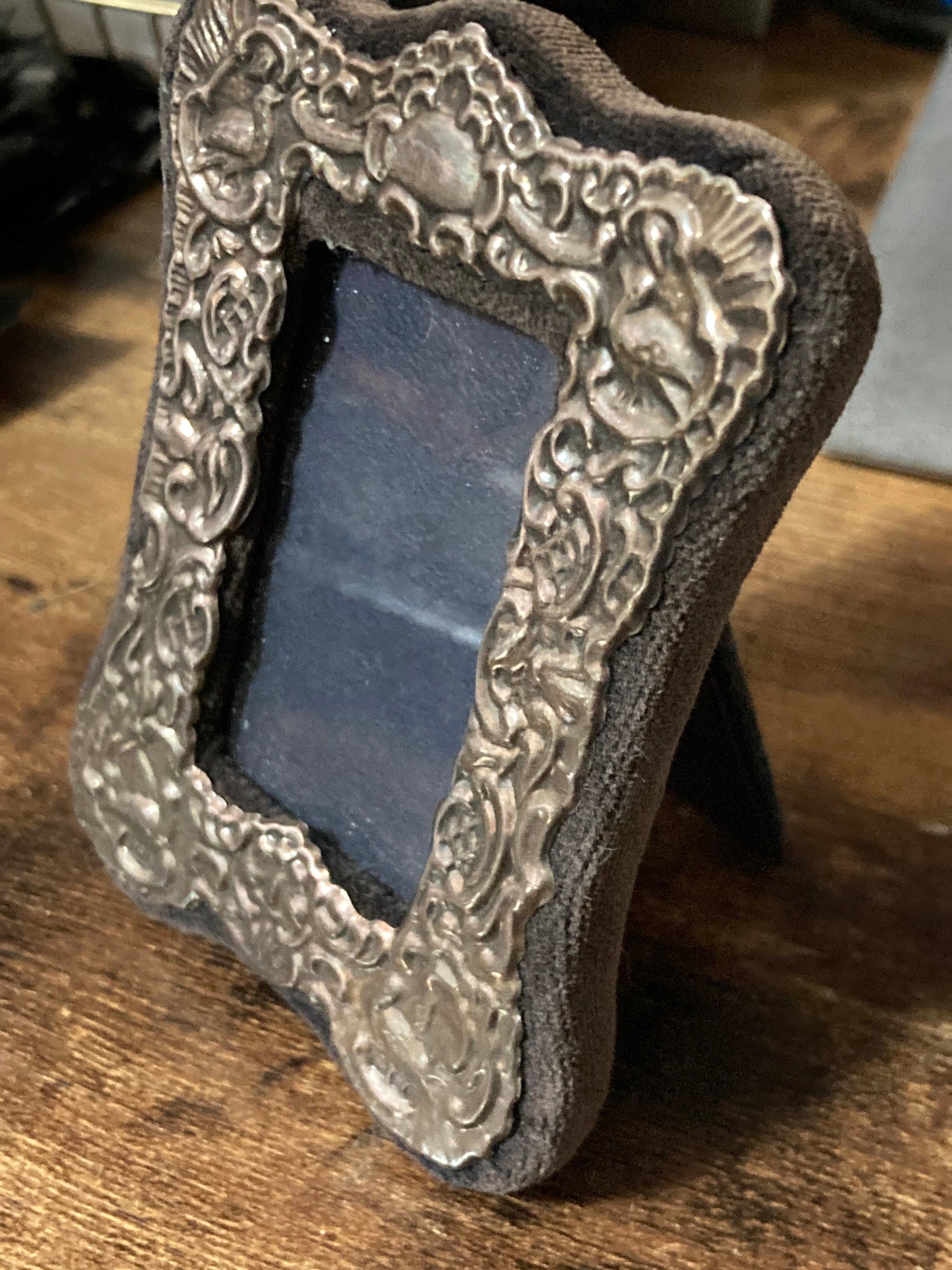 Embossed Sterling Silver Miniature Photo Frame - Blue Velvet Back