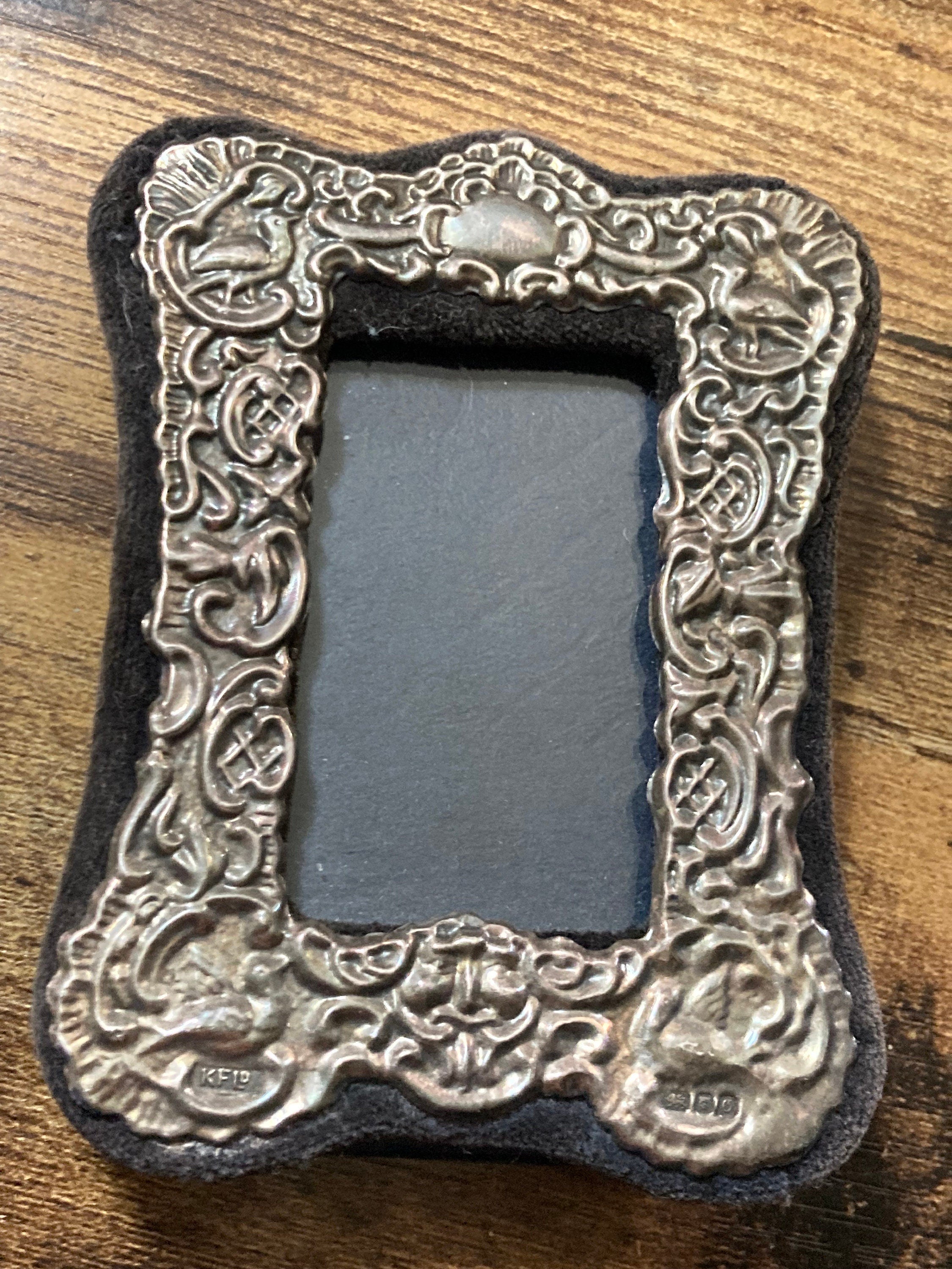 Embossed Sterling Silver Miniature Photo Frame - Blue Velvet Back