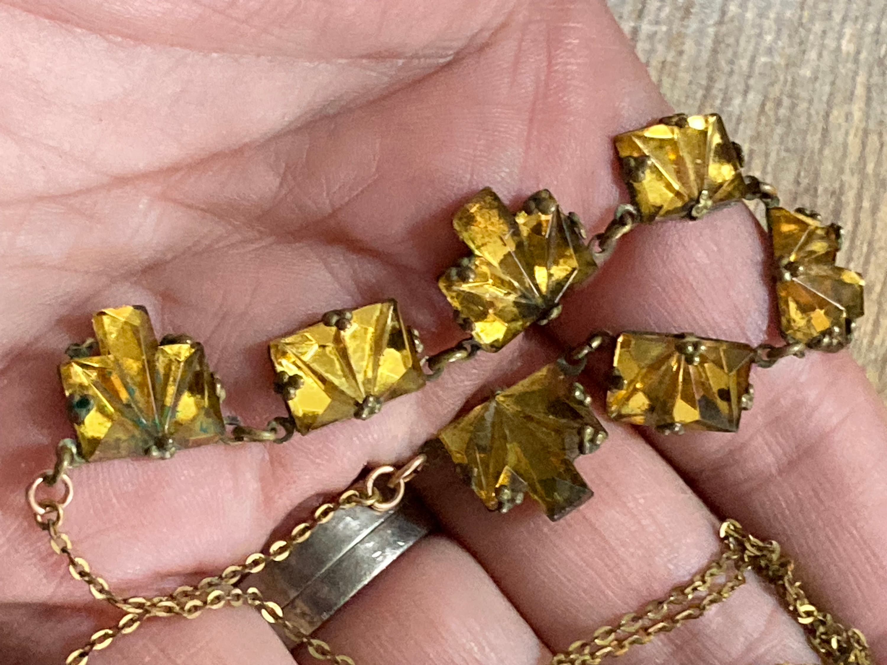 Vauxhall Glass Necklace Antique art deco geometric czech amber orange glass foil back 1920s