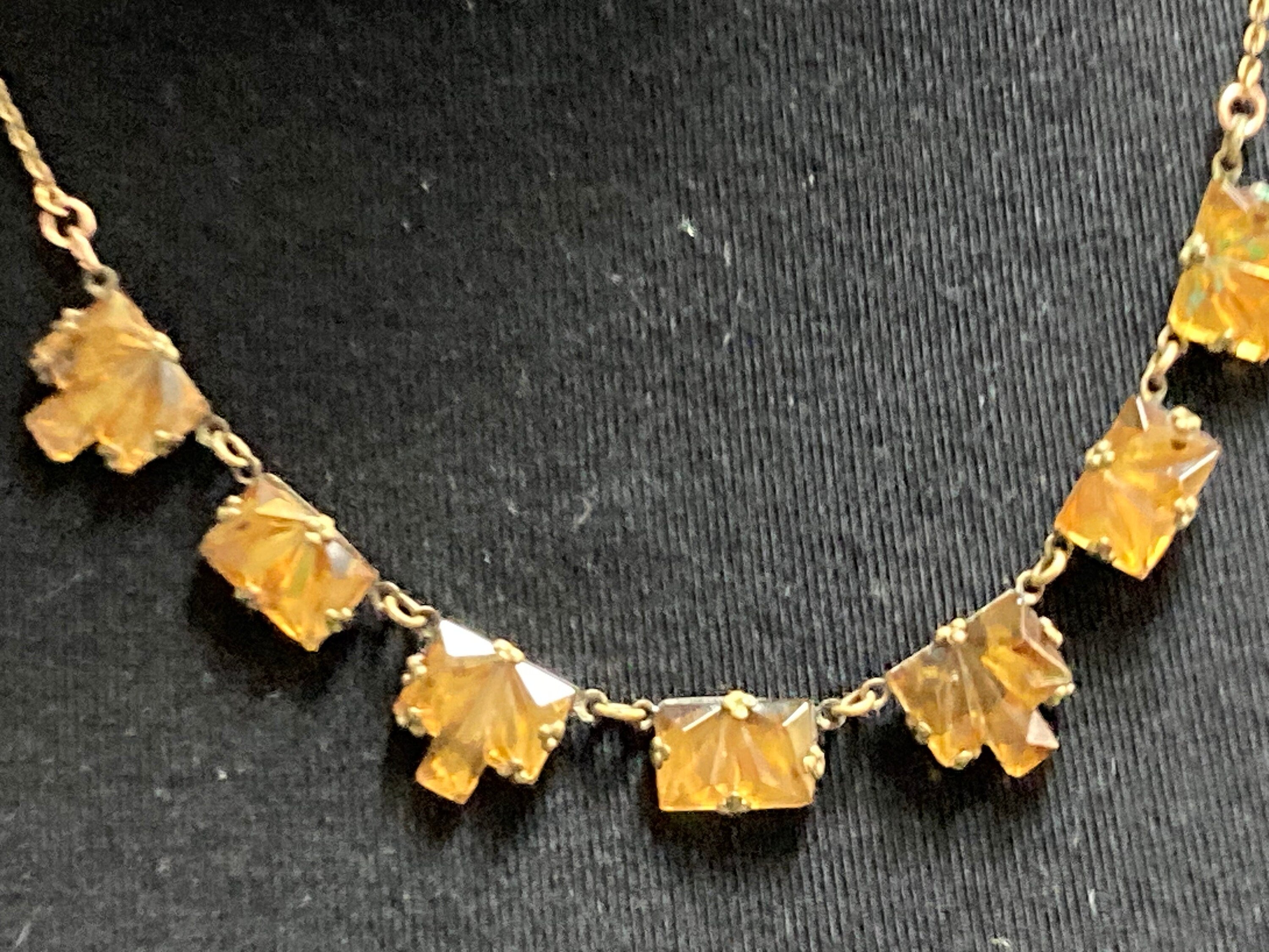 Vauxhall Glass Necklace Antique art deco geometric czech amber orange glass foil back 1920s