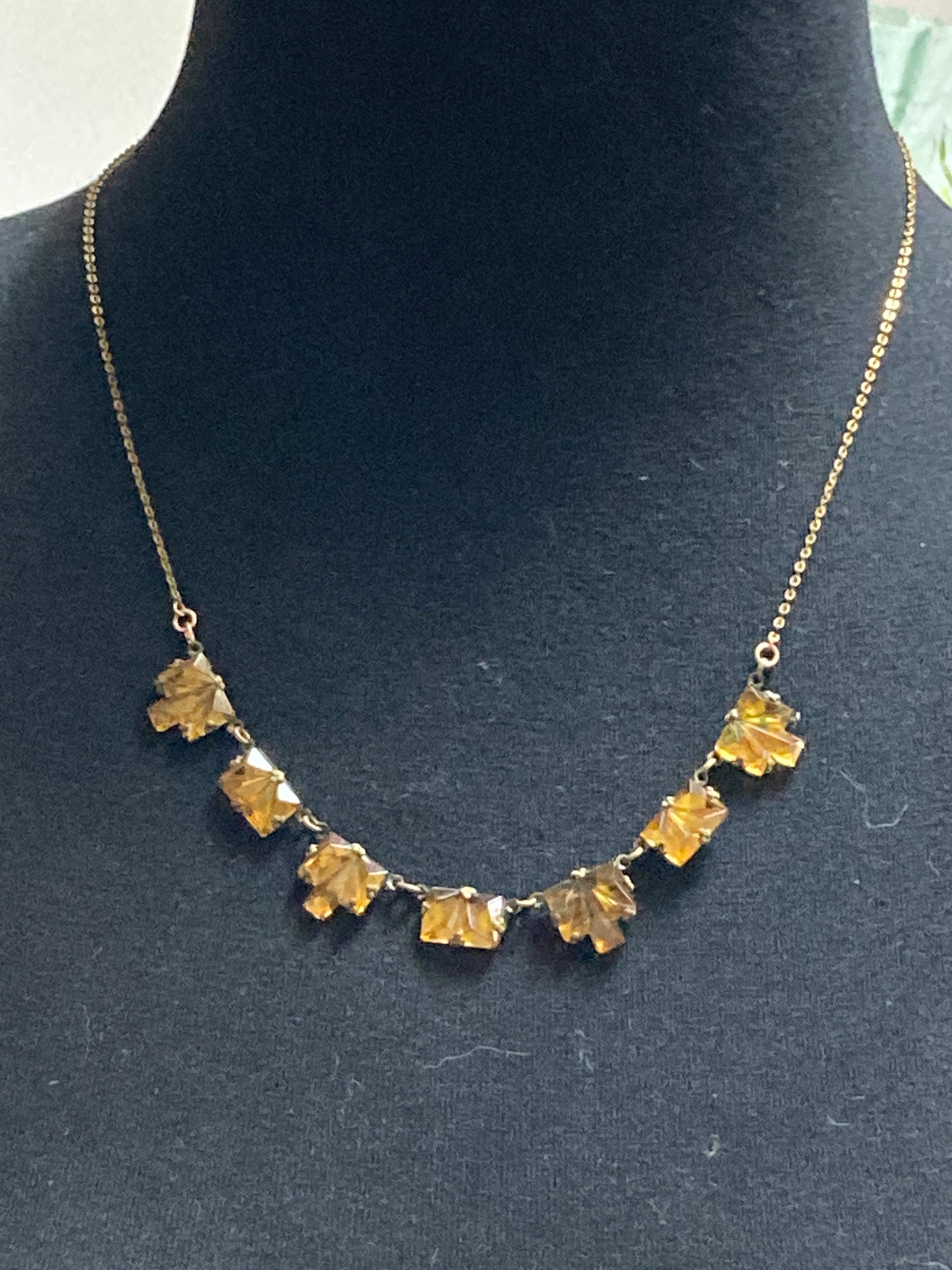 Vauxhall Glass Necklace Antique art deco geometric czech amber orange glass foil back 1920s