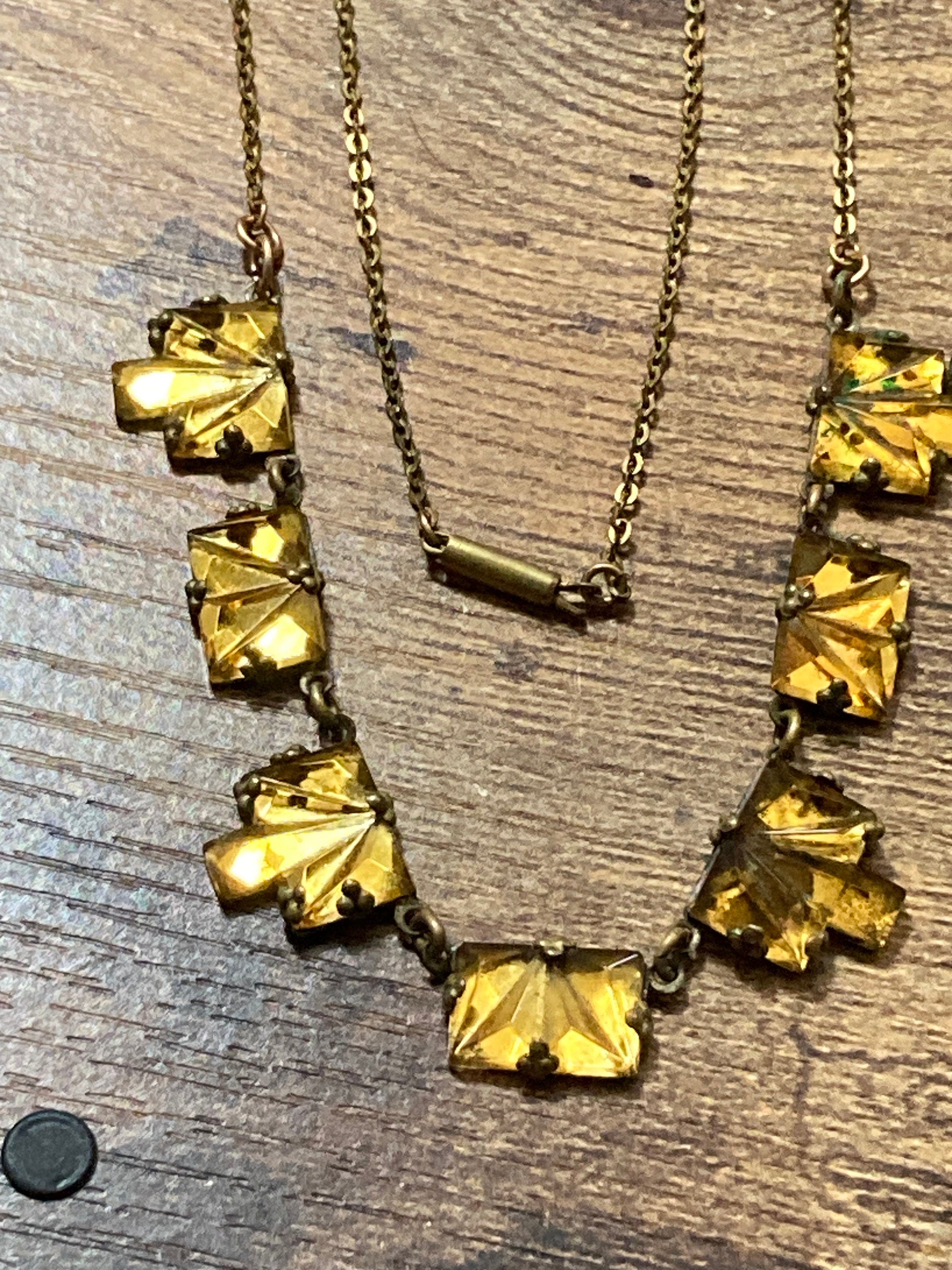 Vauxhall Glass Necklace Antique art deco geometric czech amber orange glass foil back 1920s