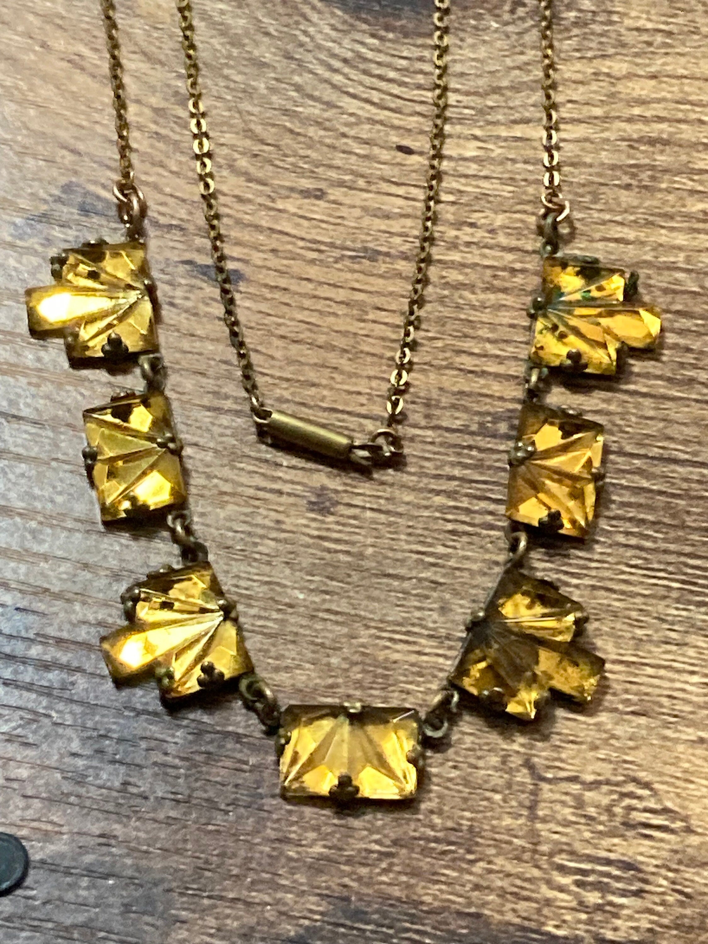 Vauxhall Glass Necklace Antique art deco geometric czech amber orange glass foil back 1920s