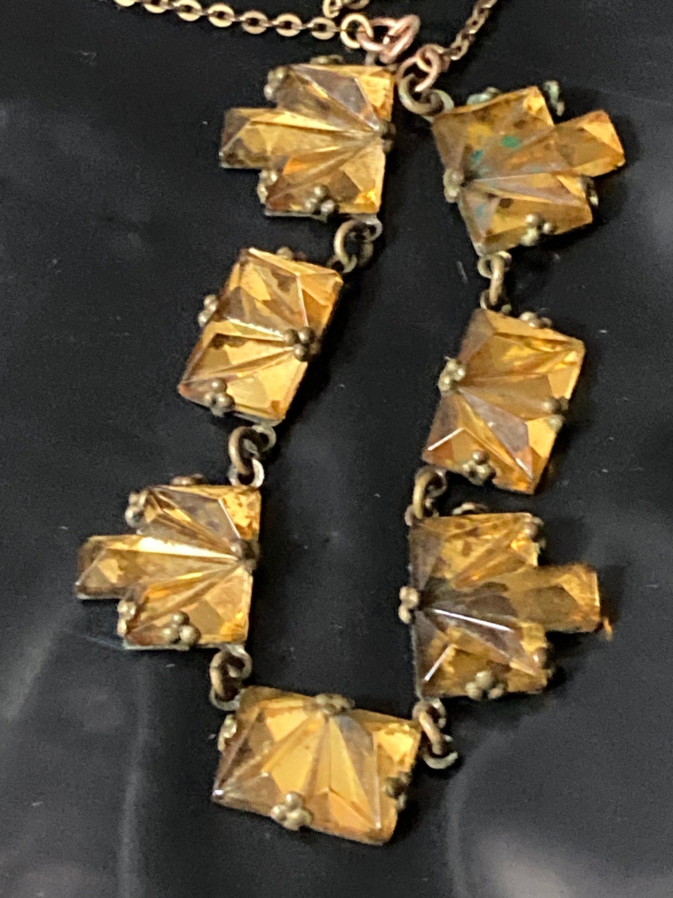 Vauxhall Glass Necklace Antique art deco geometric czech amber orange glass foil back 1920s