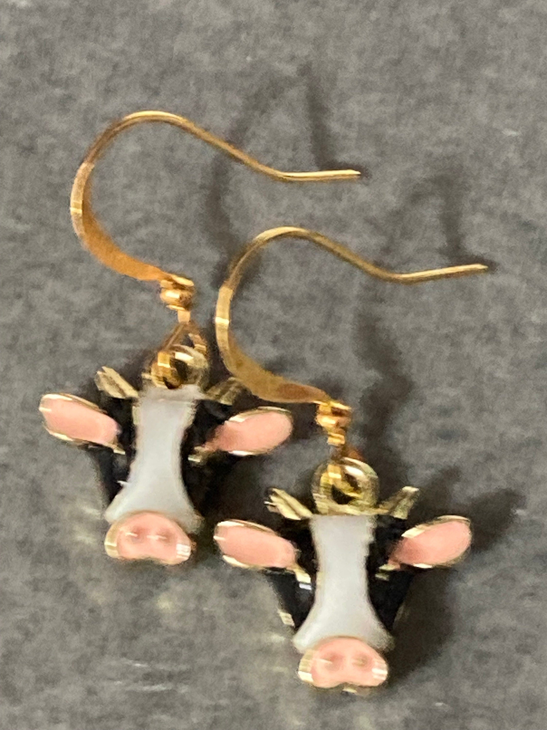 Small farmyard cow earrings black white enamel gold tone