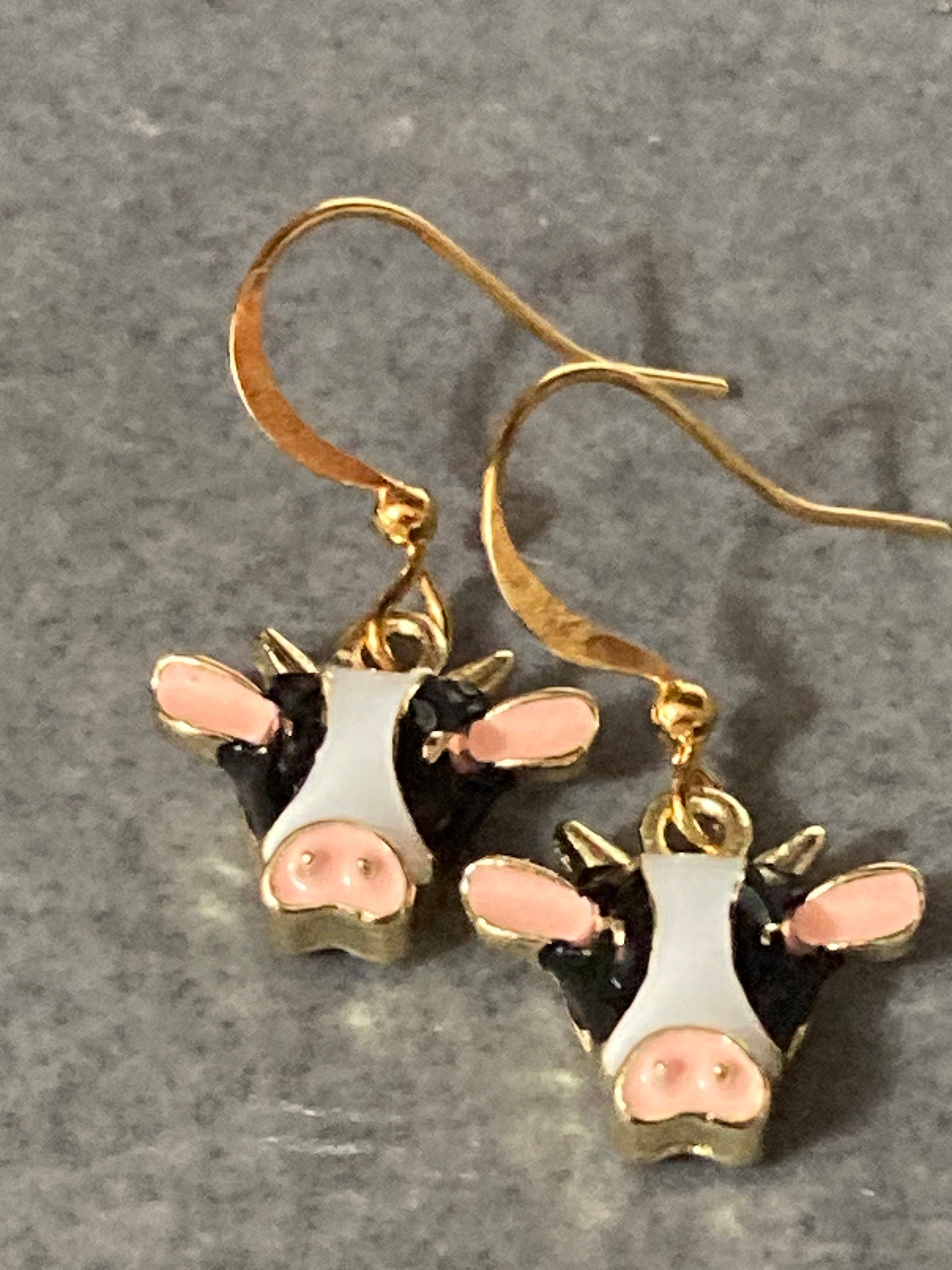 Small farmyard cow earrings black white enamel gold tone