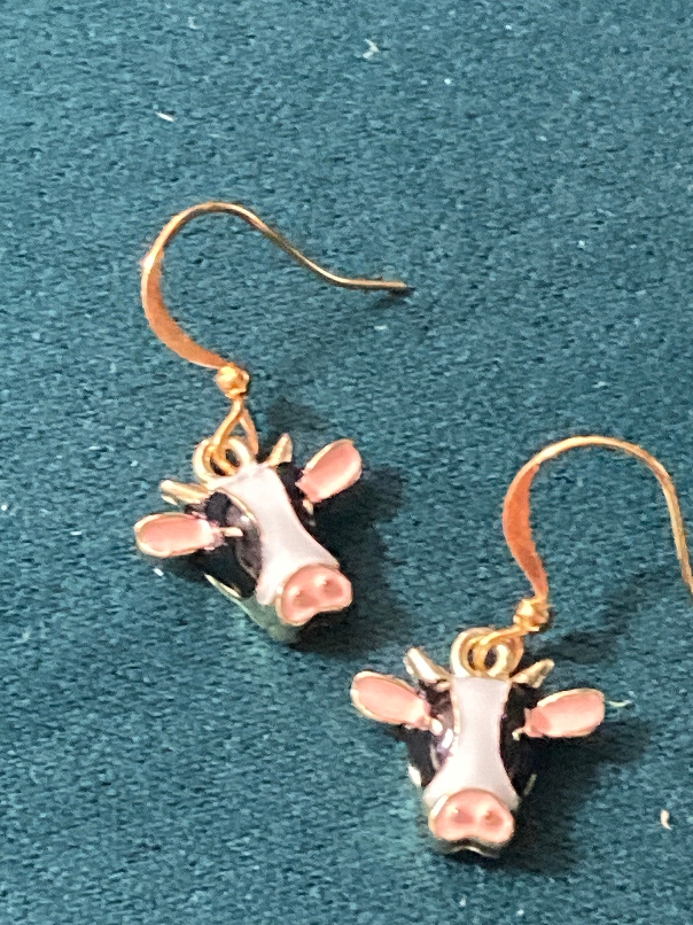Small farmyard cow earrings black white enamel gold tone