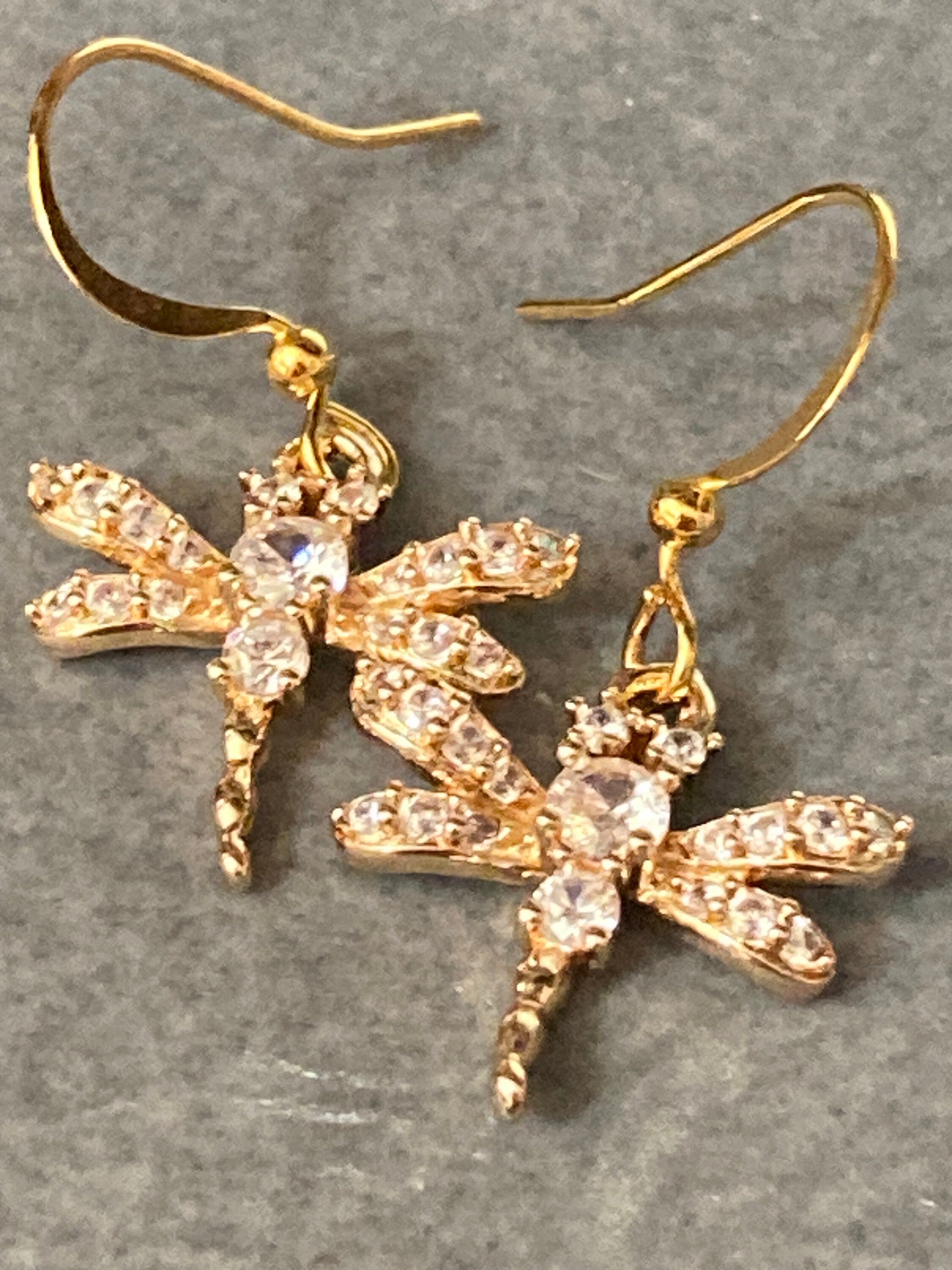 Clear Crystal diamanté insect dragonfly earrings gold tone