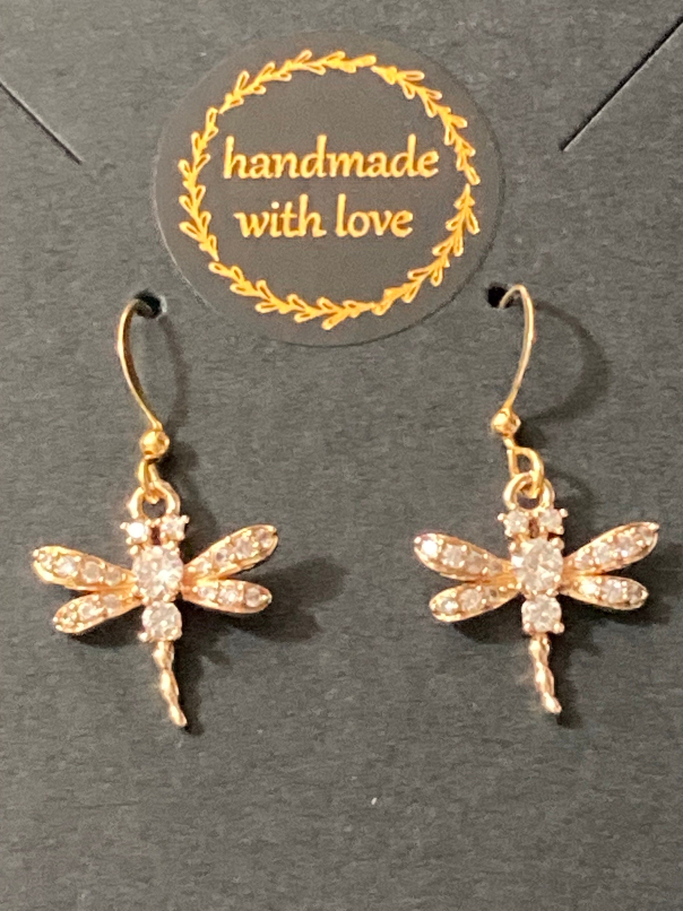 Clear Crystal diamanté insect dragonfly earrings gold tone