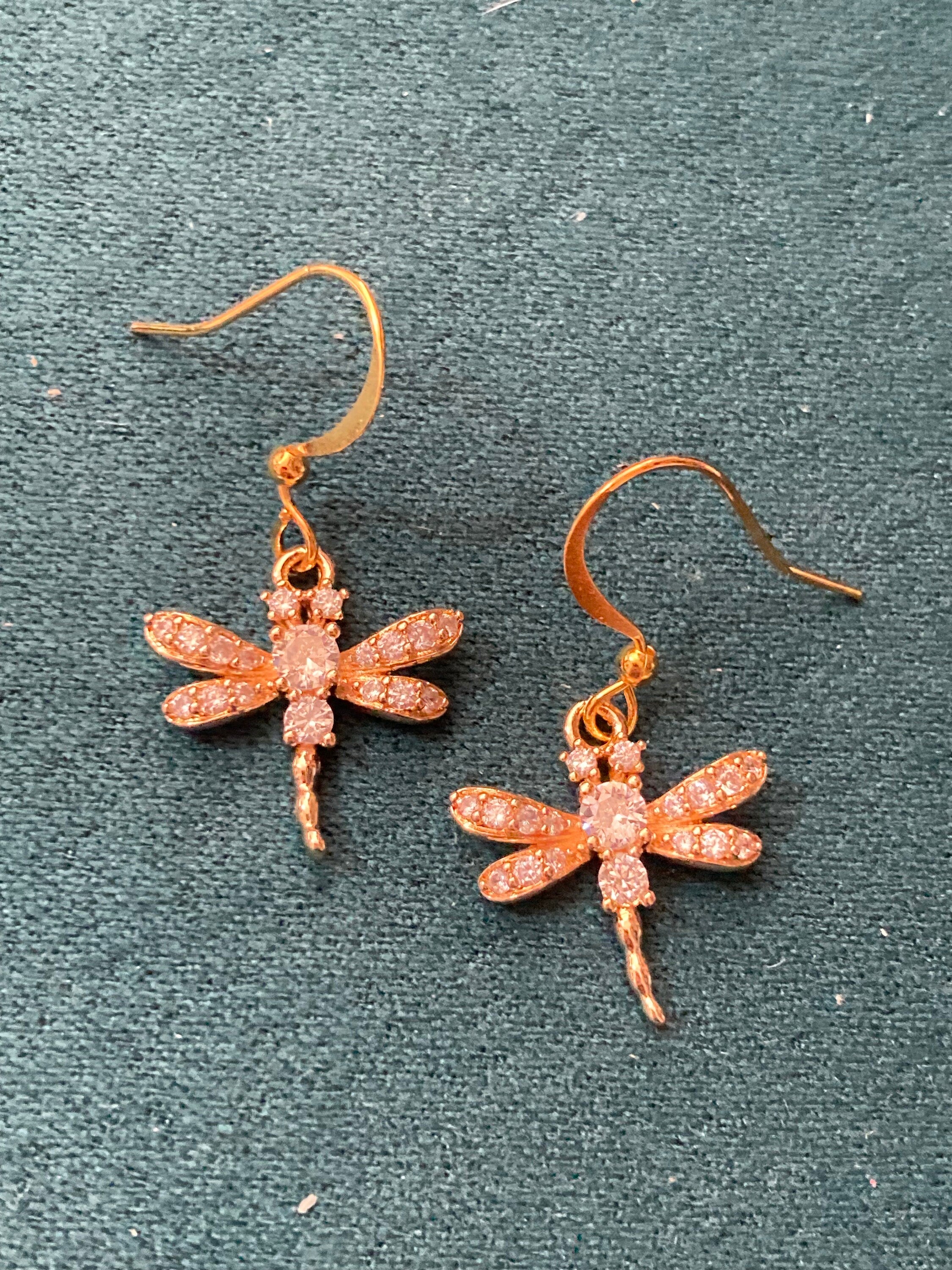 Clear Crystal diamanté insect dragonfly earrings gold tone