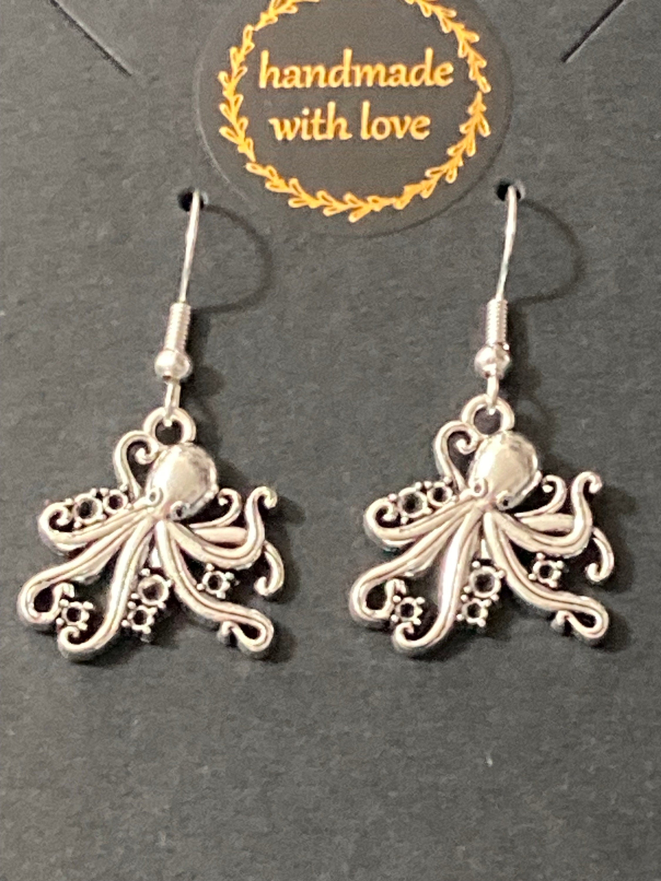Nautical marine octopus silver tone drop earrings