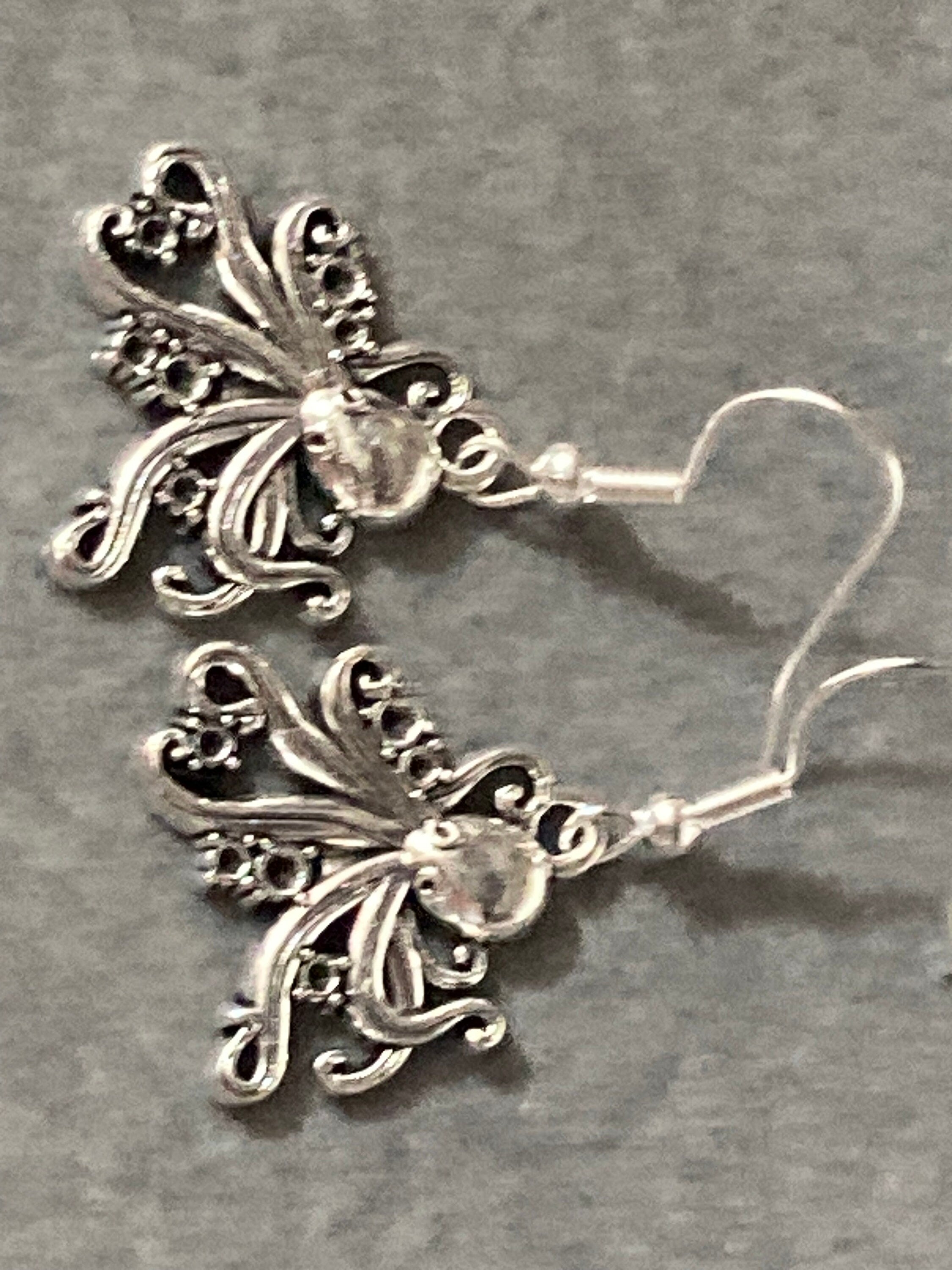 Nautical marine octopus silver tone drop earrings