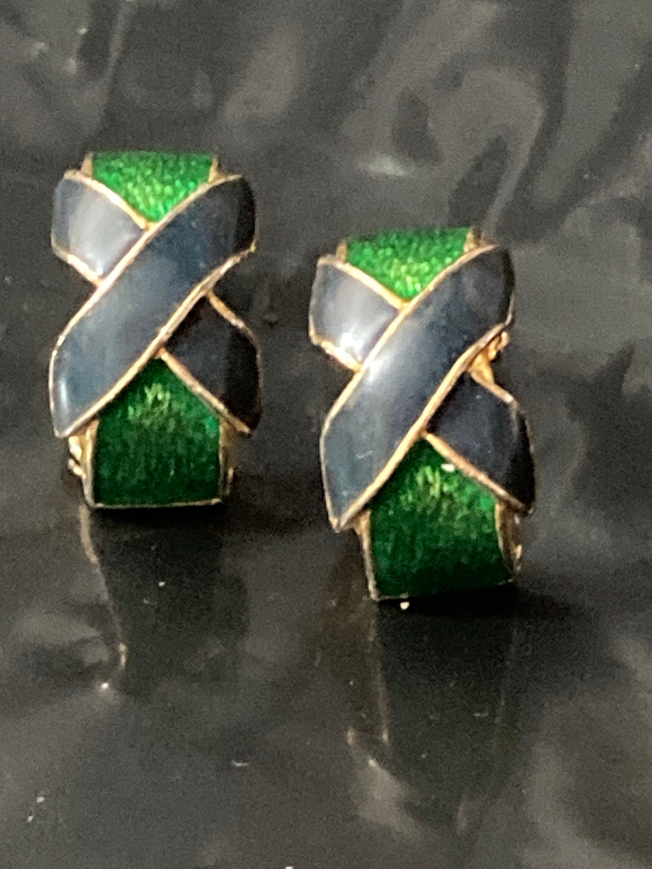 Retro gold tone green blue enamel cross detail clip on half hoop earrings