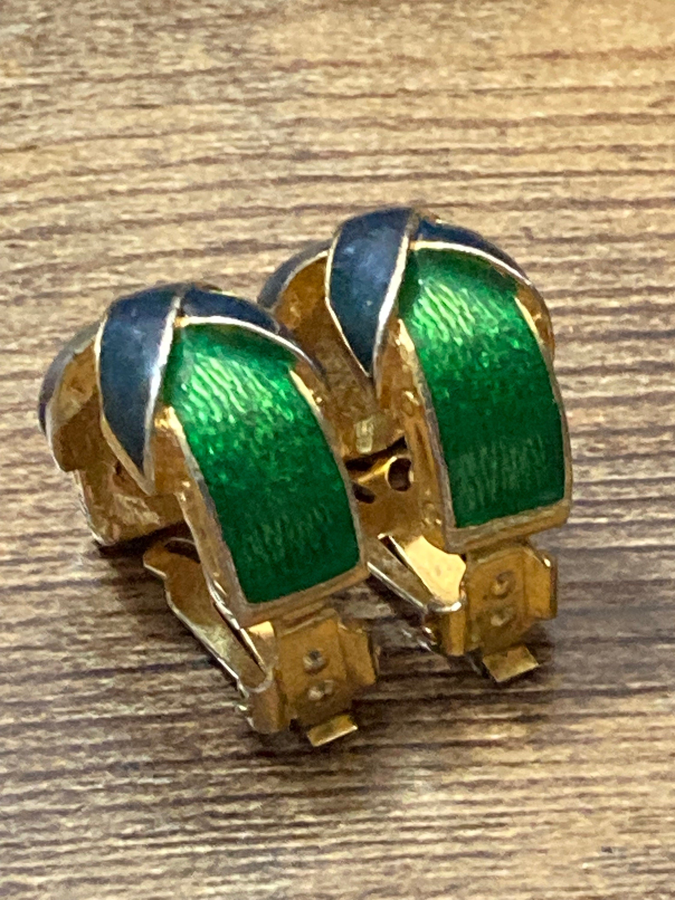 Retro gold tone green blue enamel cross detail clip on half hoop earrings