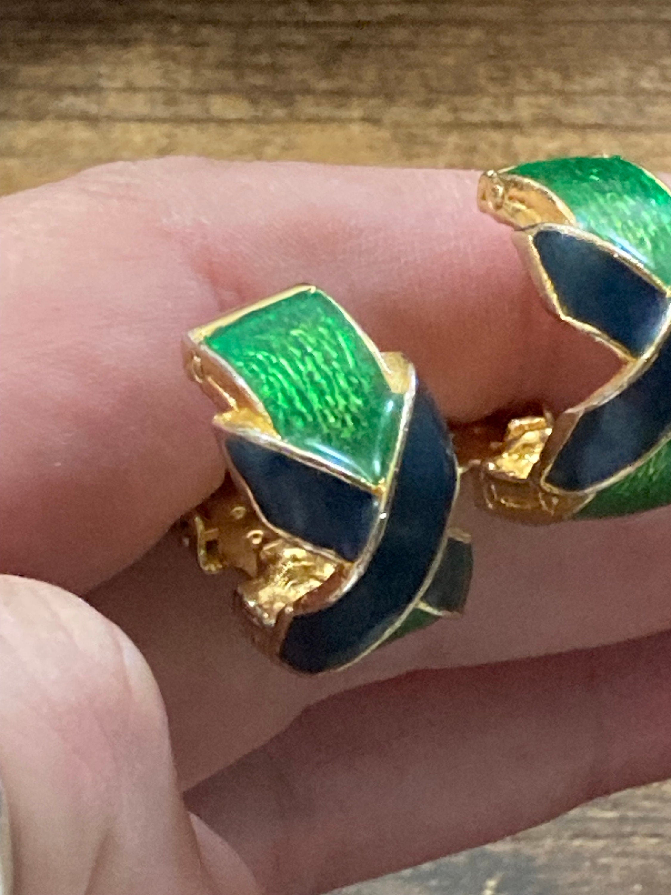 Retro gold tone green blue enamel cross detail clip on half hoop earrings