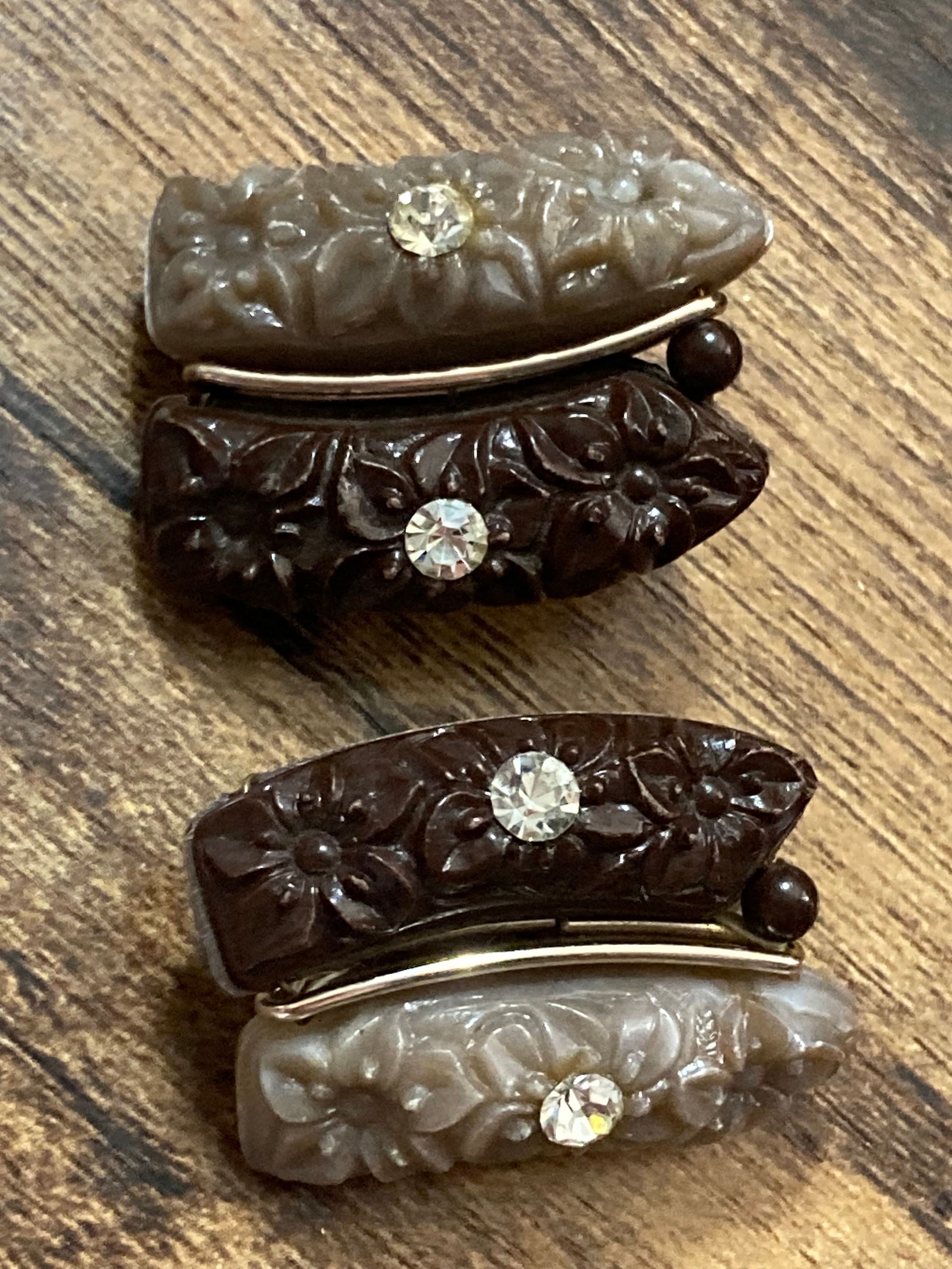 Signed West Germany Vintage molded brown plastic diamanté floral Clip On Earrings