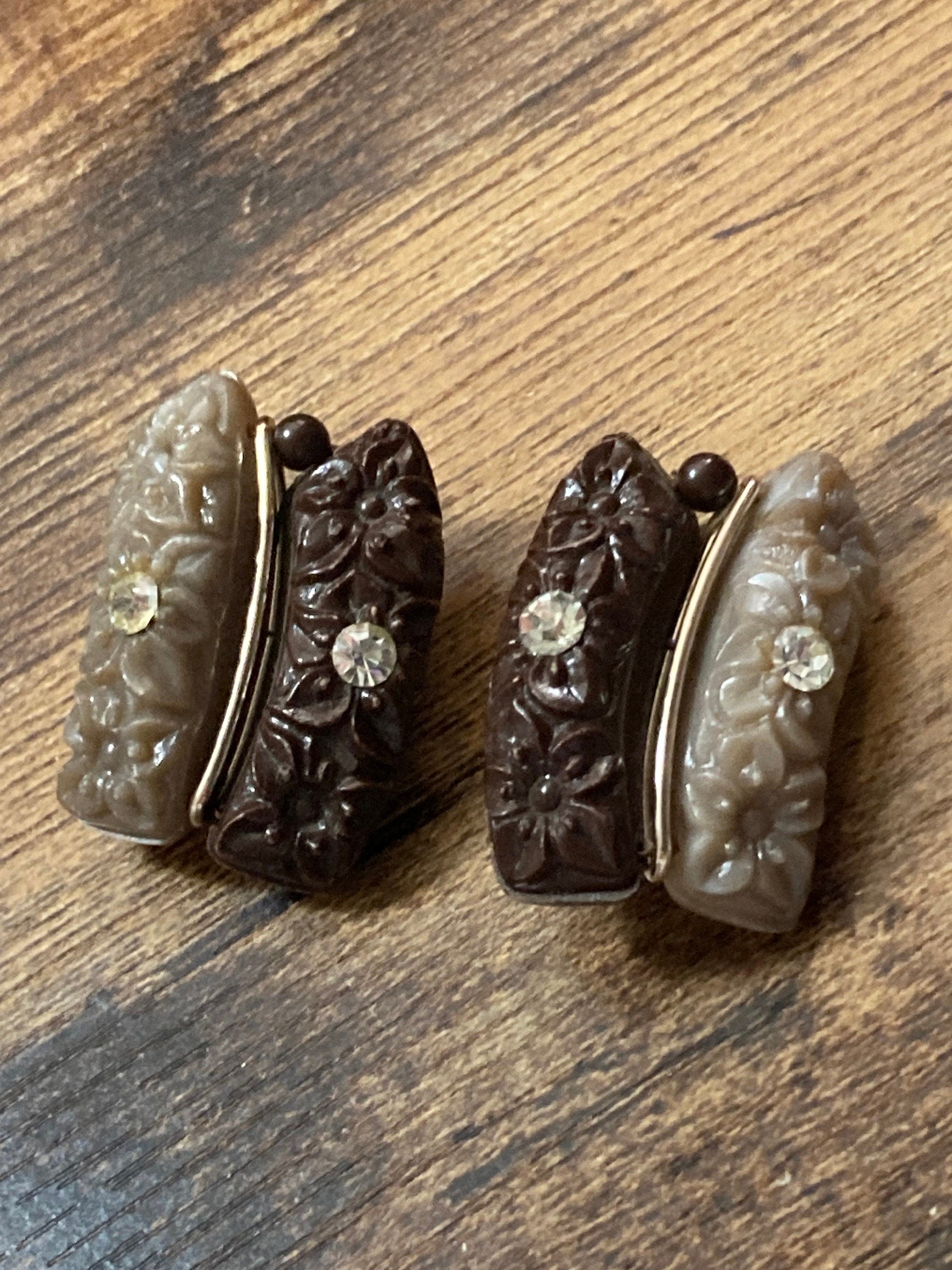 Signed West Germany Vintage molded brown plastic diamanté floral Clip On Earrings