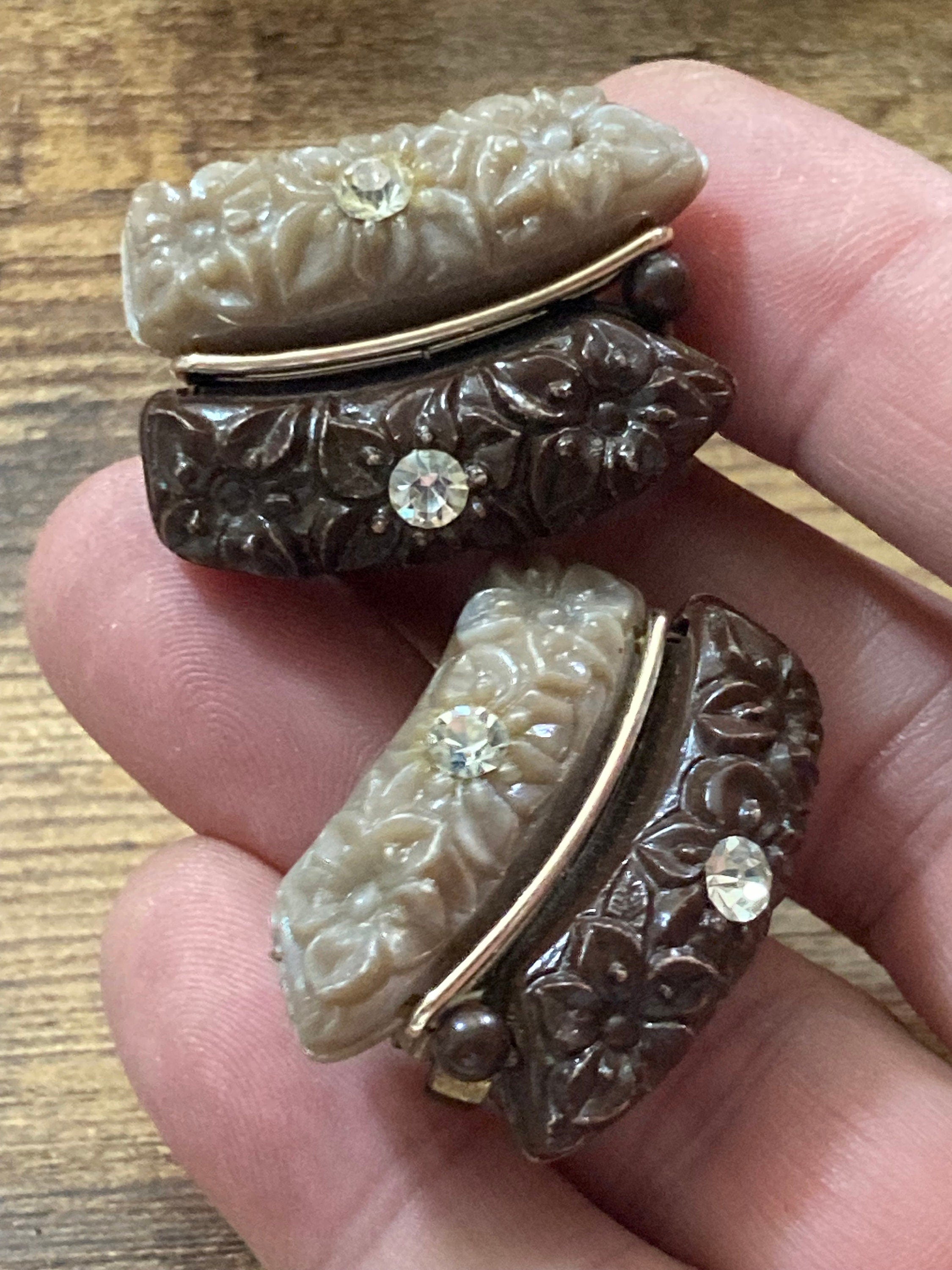 Signed West Germany Vintage molded brown plastic diamanté floral Clip On Earrings
