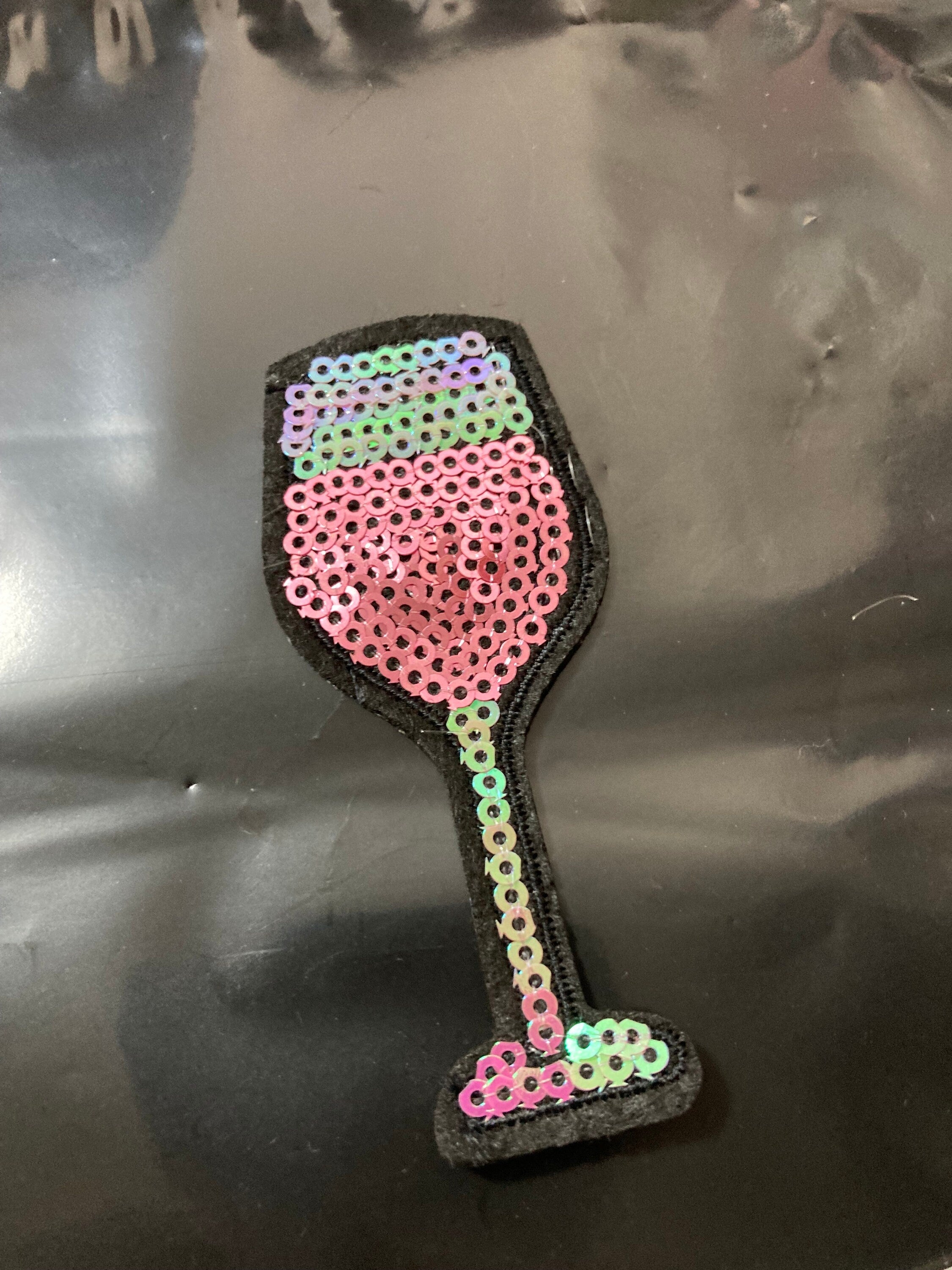 iron on pink gin wine glass sequin patch 8 x 2.5cm sewing applique