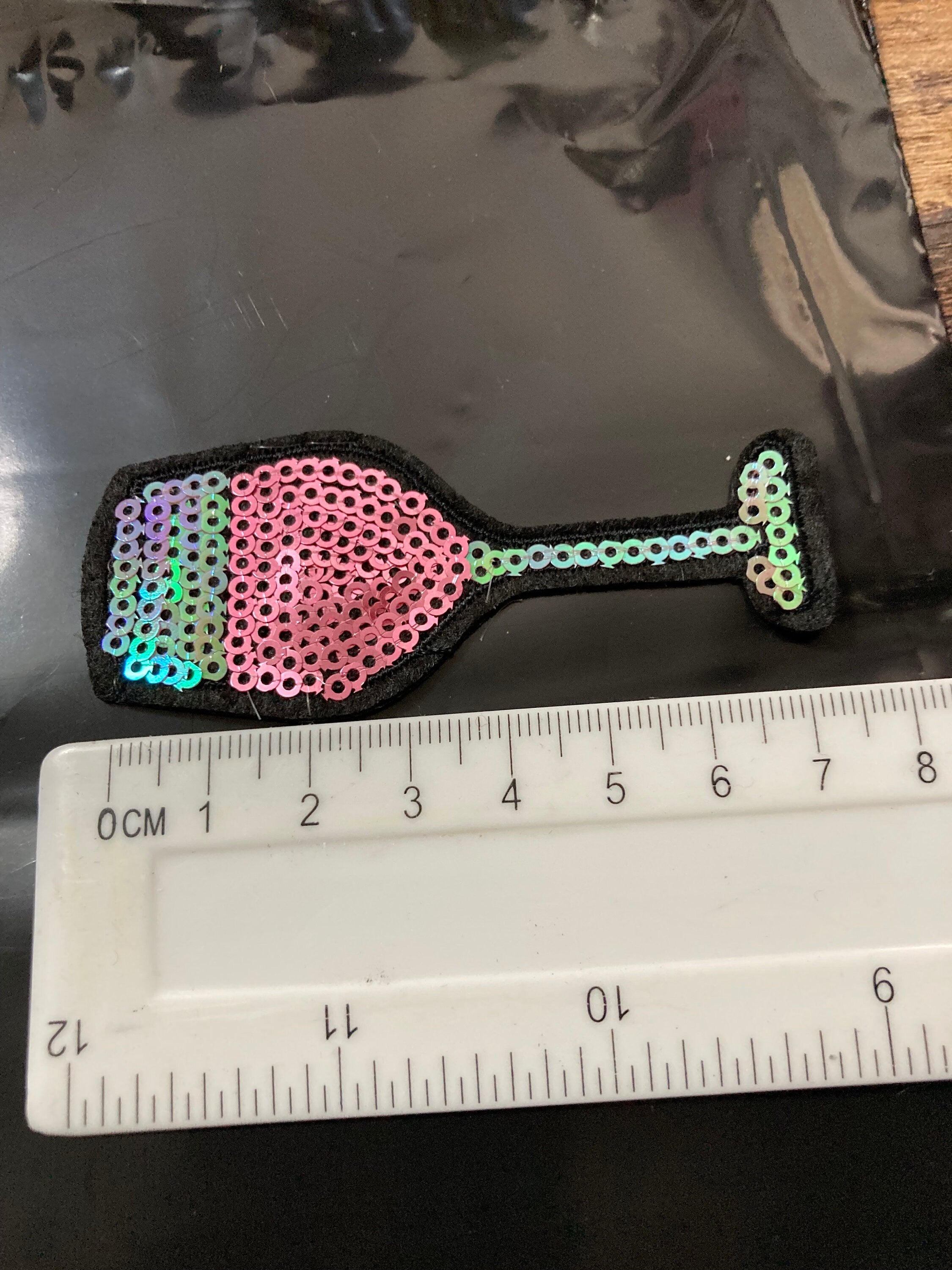 iron on pink gin wine glass sequin patch 8 x 2.5cm sewing applique