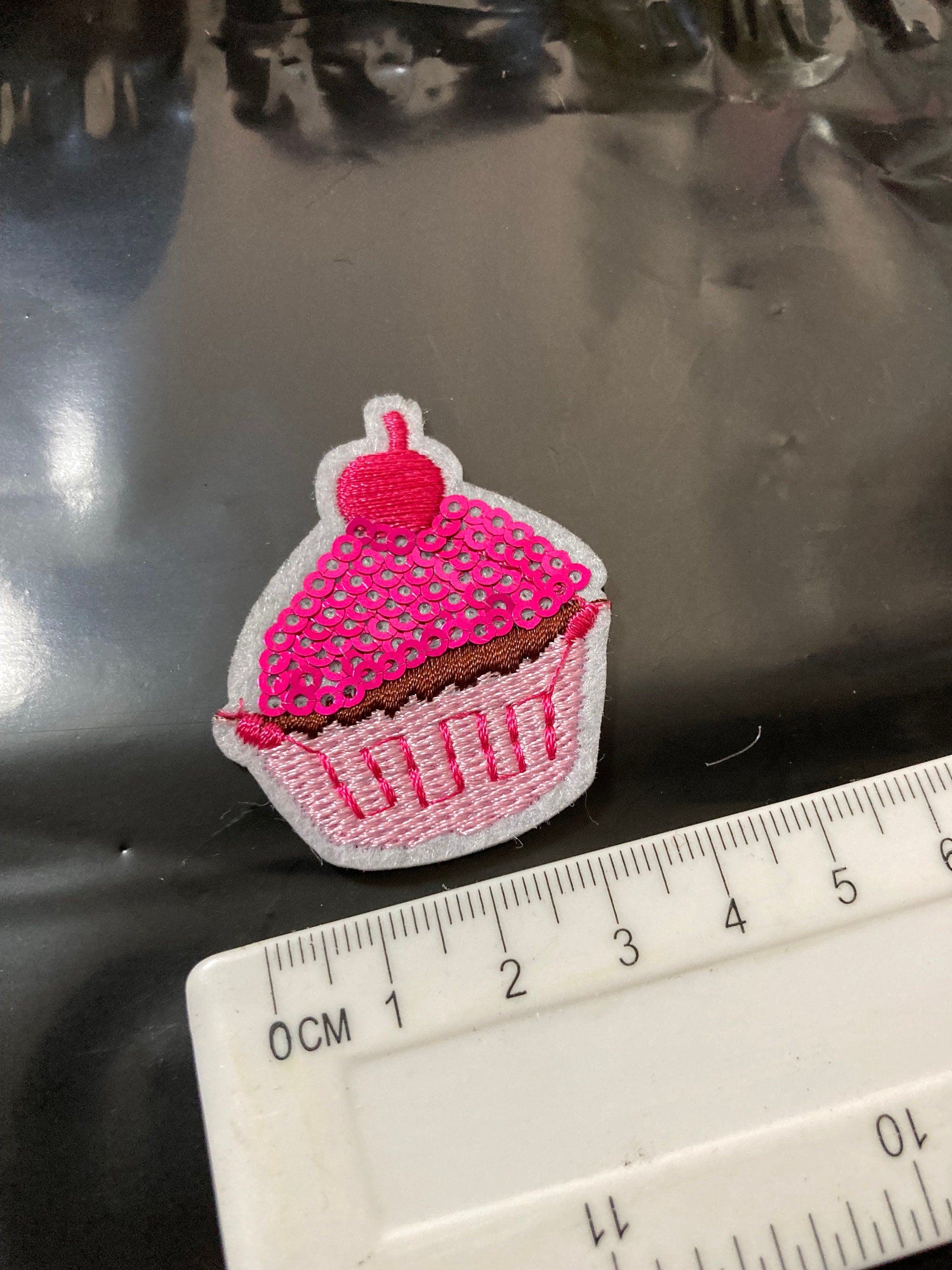 iron on bright pink cupcake sequin patch 4 x 4cm sewing applique