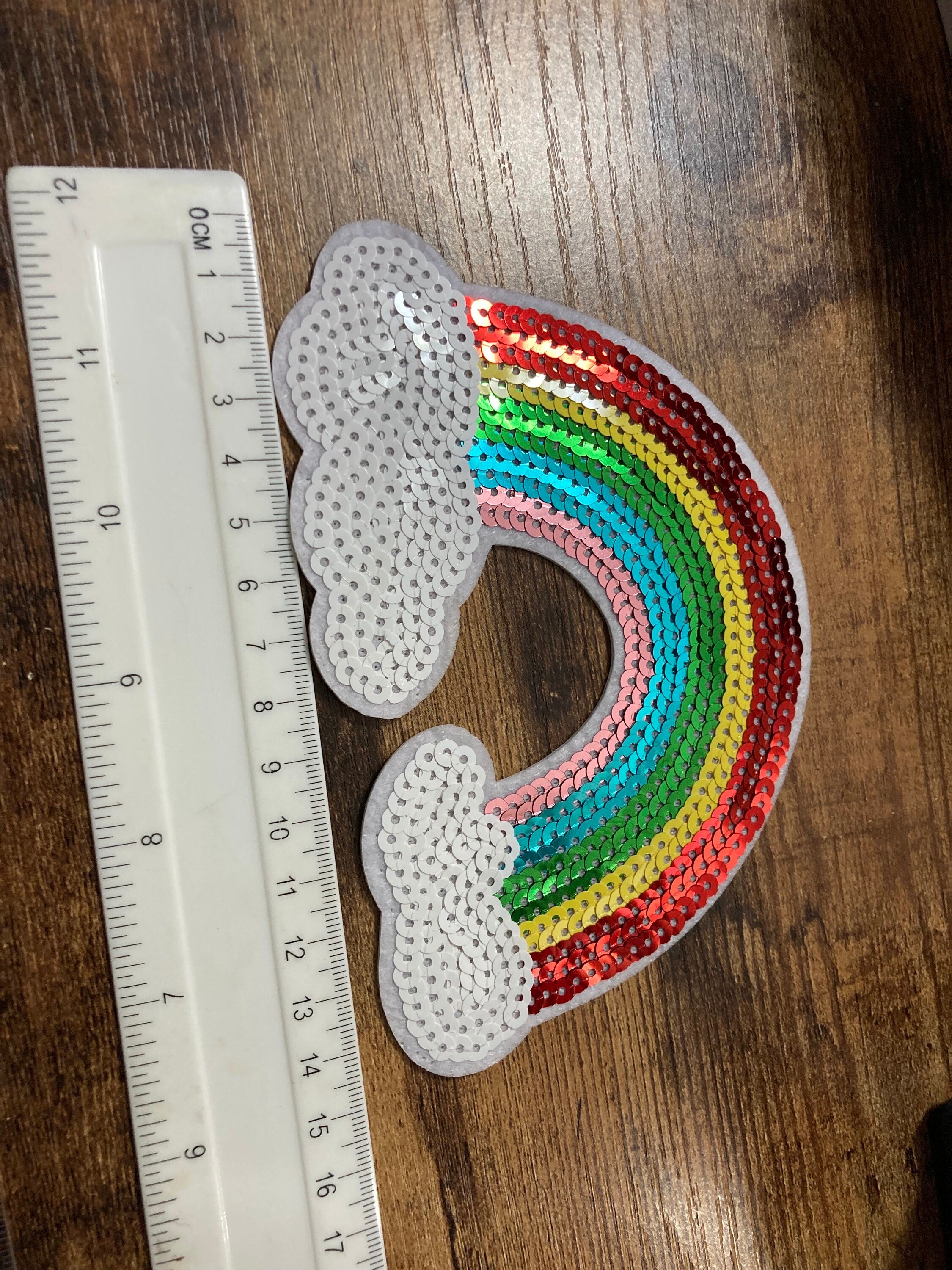 Large iron on rainbow and clouds sequin patch 15 x 10cm sewing applique