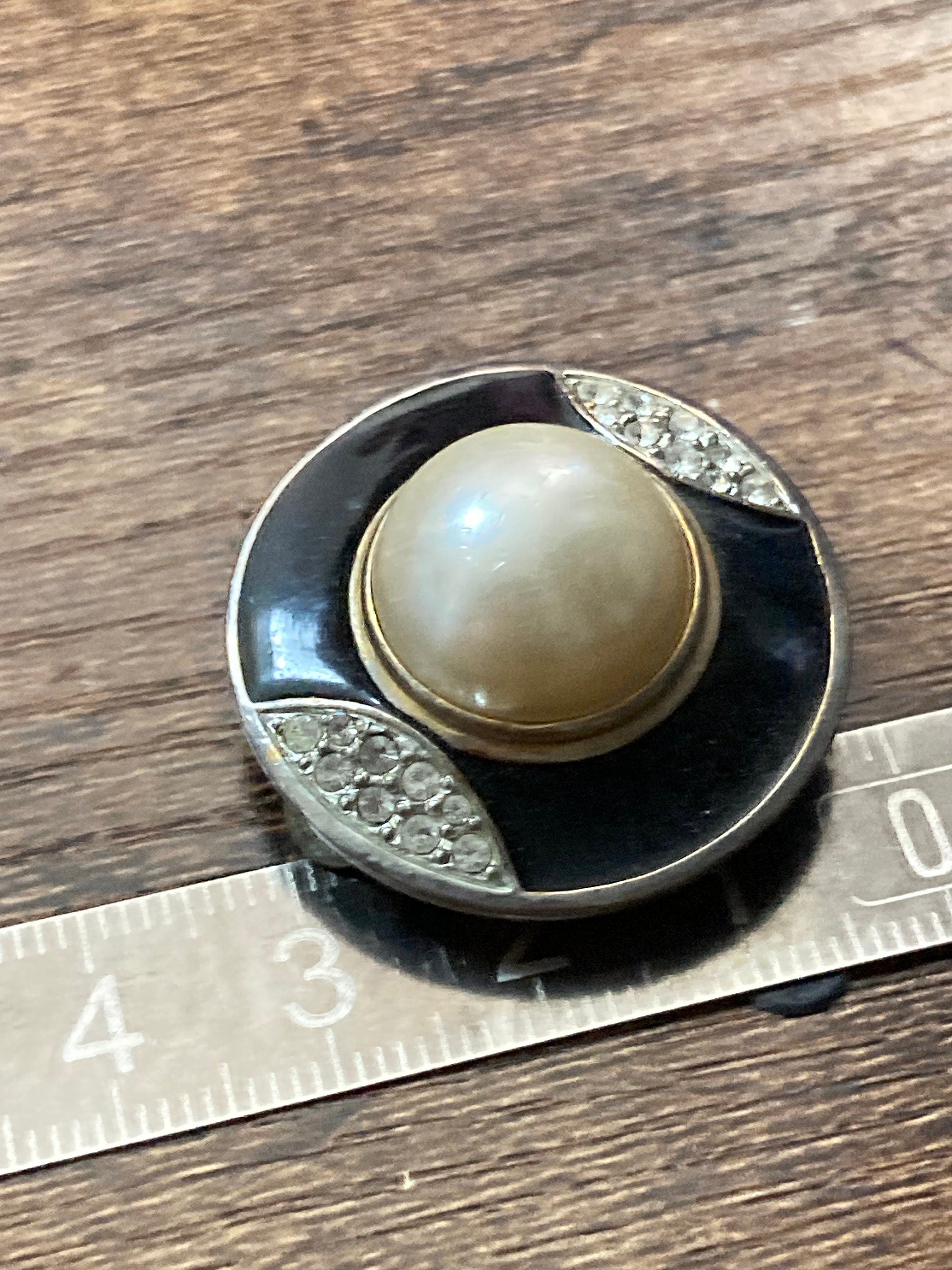 Retro silver & Gold tone black enamel and clear diamante paste clip on pearl earrings domed stud 1980s