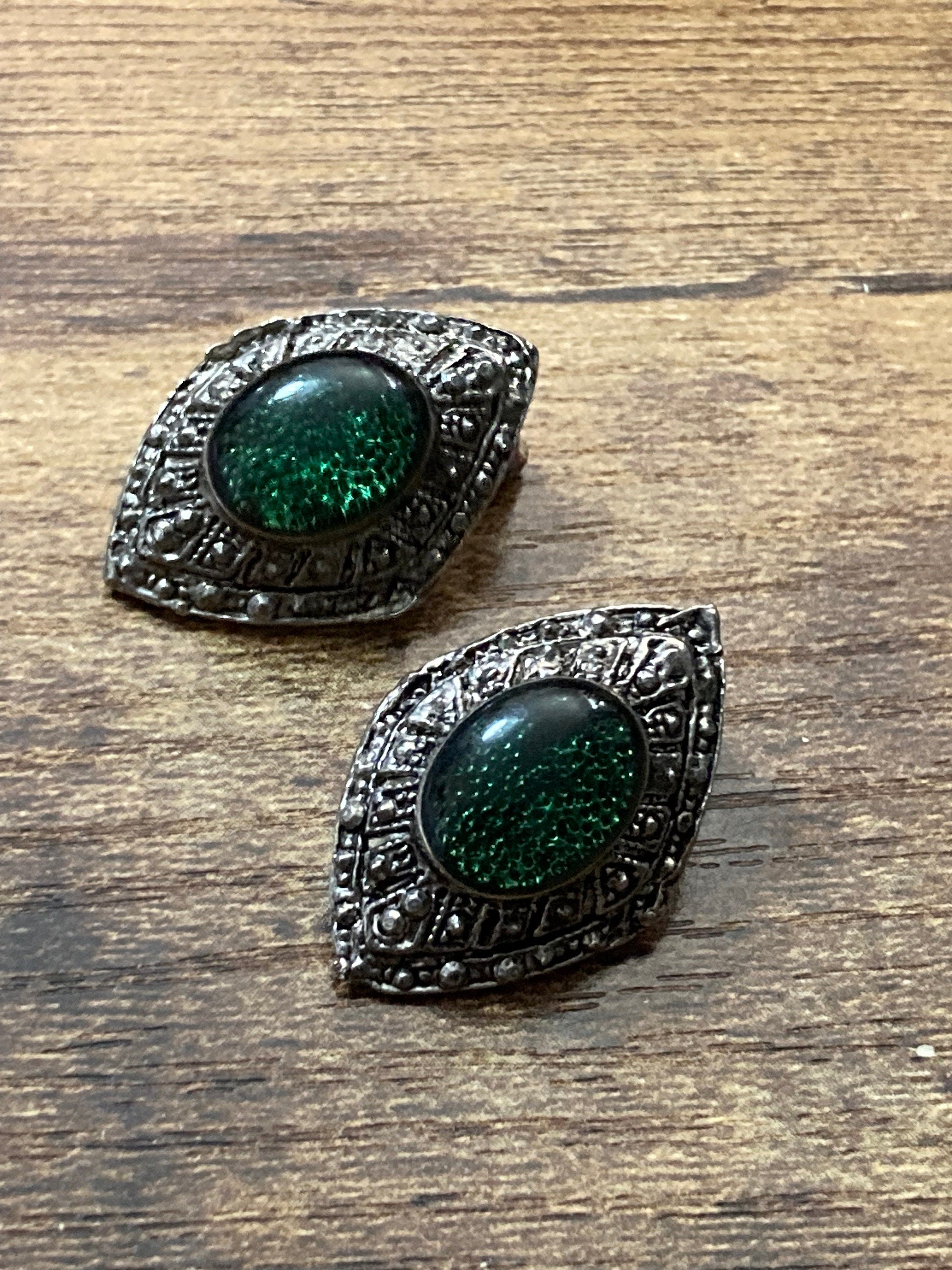 Czech filigree Clip on earrings with emerald green glass cabochon
