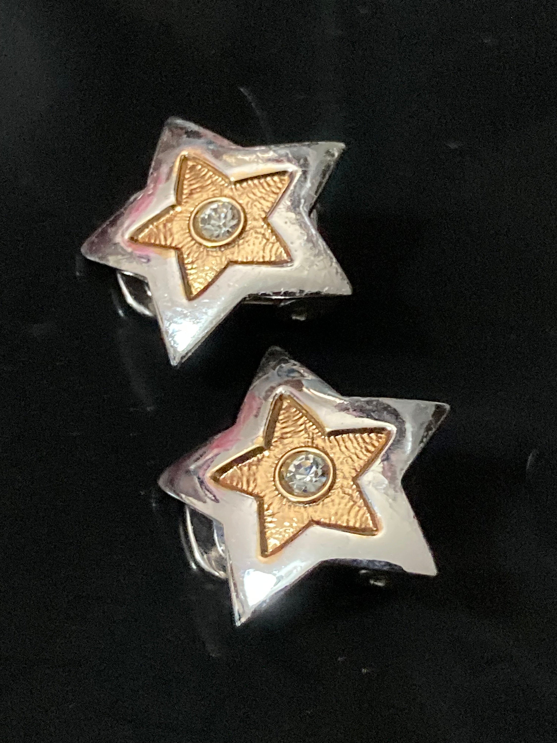 Signed BB beauty brass of Italy  gold and silver tone star Clip On Earrings diamanté
