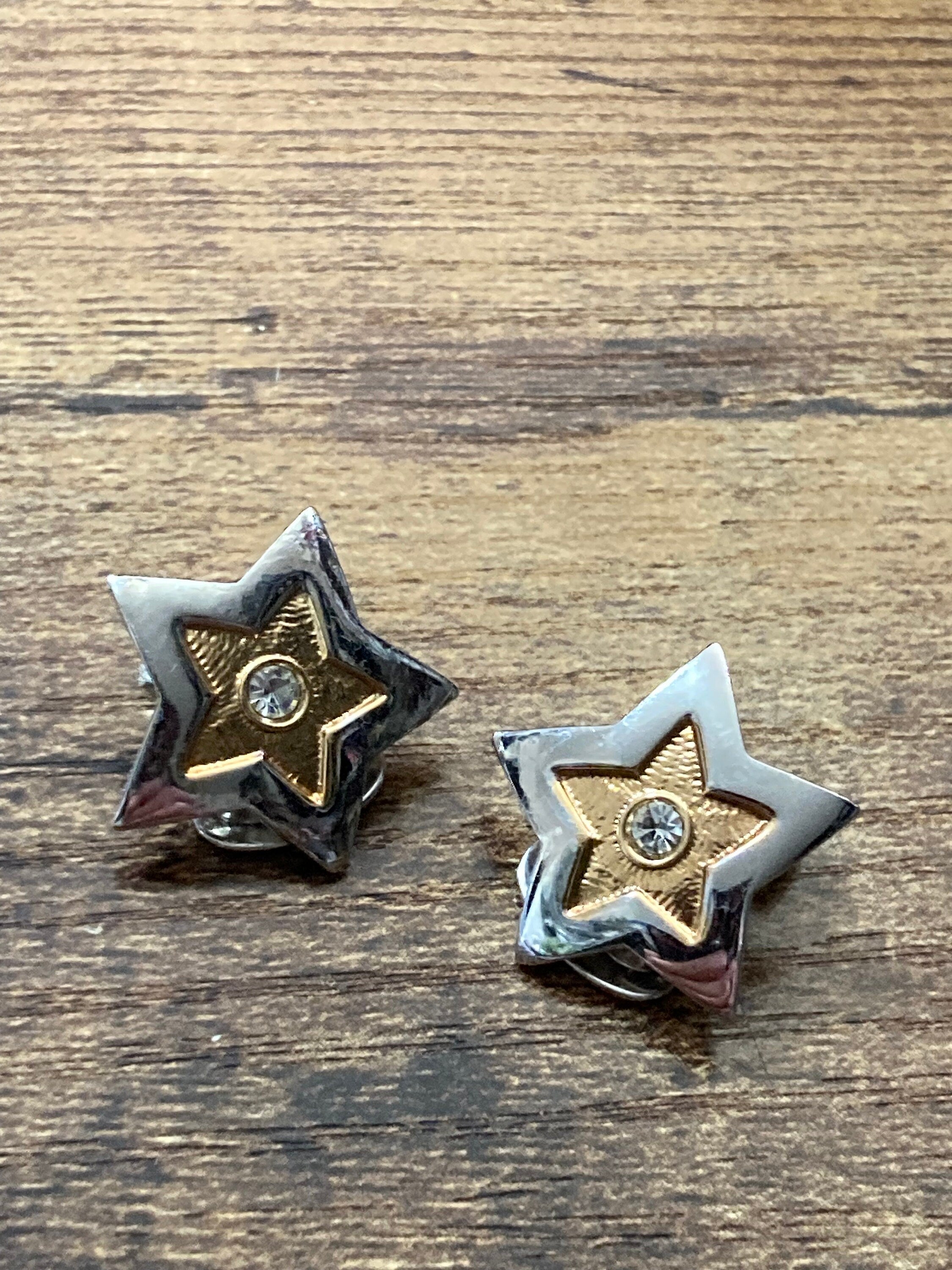 Signed BB Italy Star Clip On Earrings: Gold & Silver Tone Diamanté