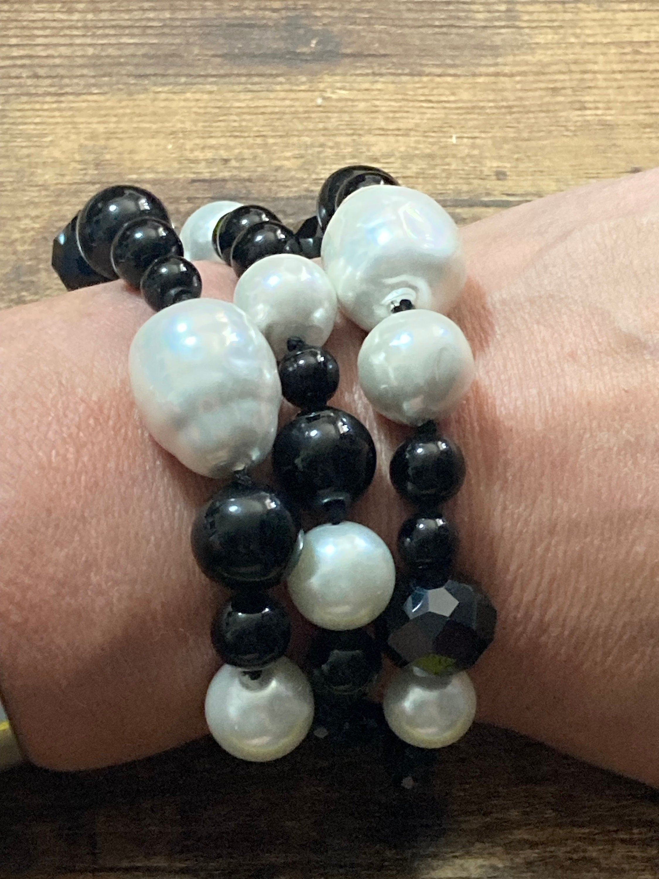 Signed JAEGER chunky monochrome faux pearl and glass triple beaded bracelet