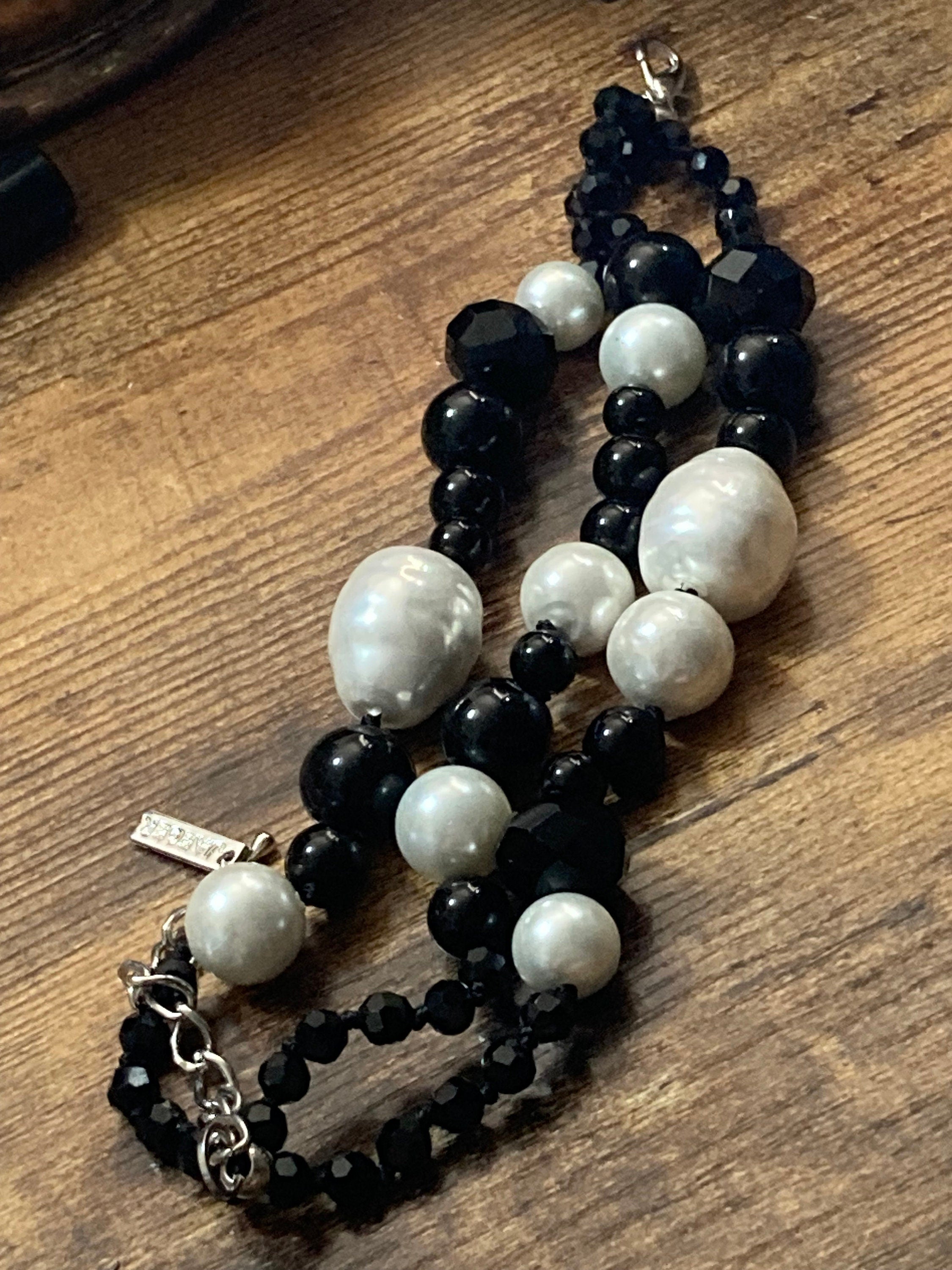 Signed JAEGER chunky monochrome faux pearl and glass triple beaded bracelet