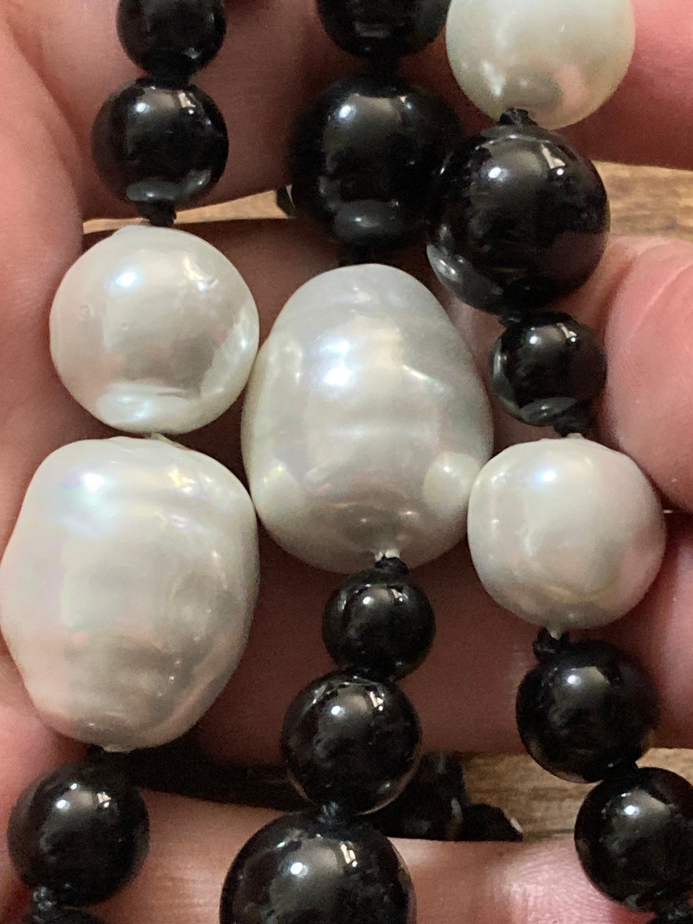 Signed JAEGER chunky monochrome faux pearl and glass triple beaded bracelet