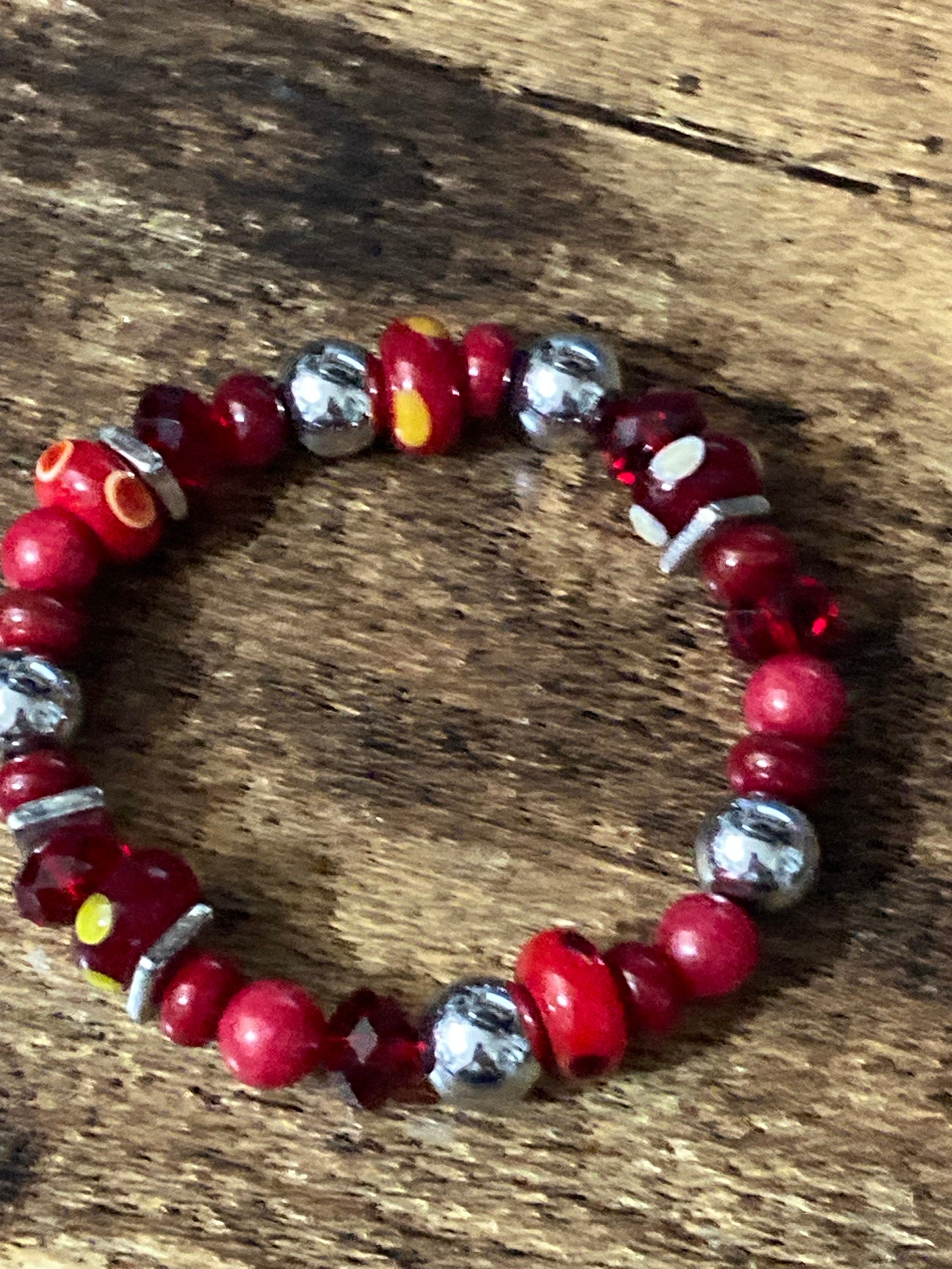 Beautiful silver Ruby red ceramic glass lamp work beaded stretch bracelet perfect for layering