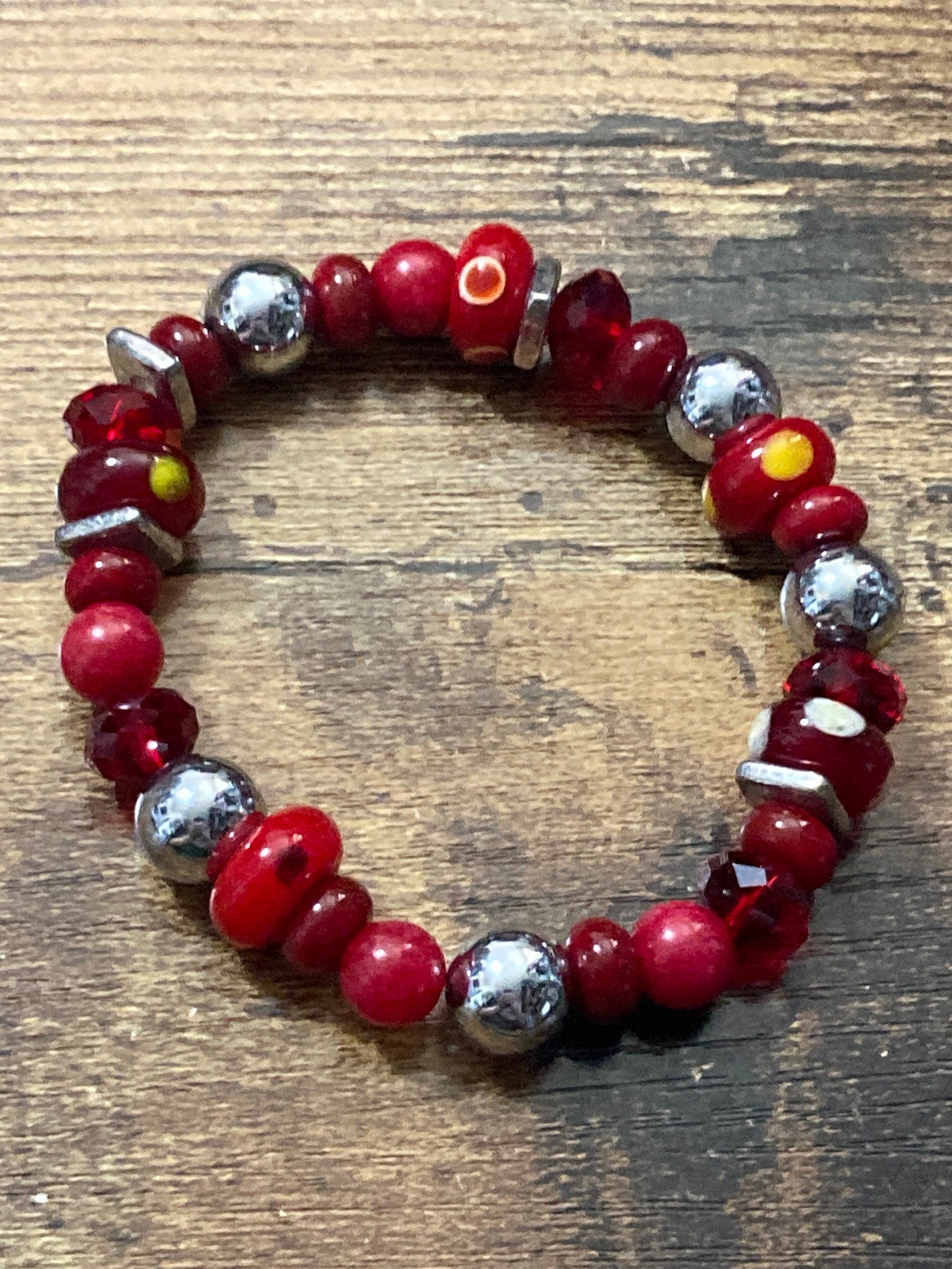 Beautiful silver Ruby red ceramic glass lamp work beaded stretch bracelet perfect for layering