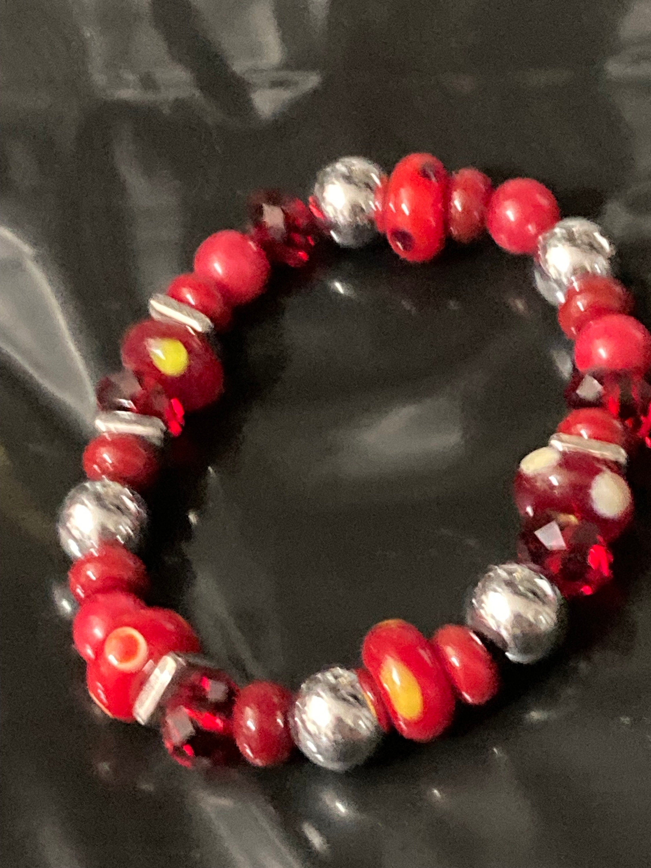 Beautiful silver Ruby red ceramic glass lamp work beaded stretch bracelet perfect for layering