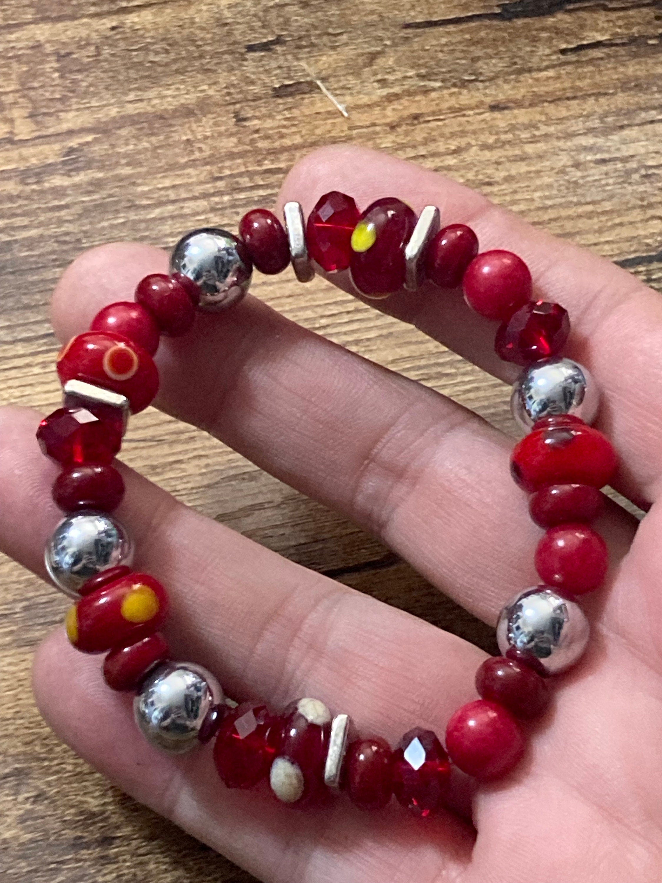 Beautiful silver Ruby red ceramic glass lamp work beaded stretch bracelet perfect for layering
