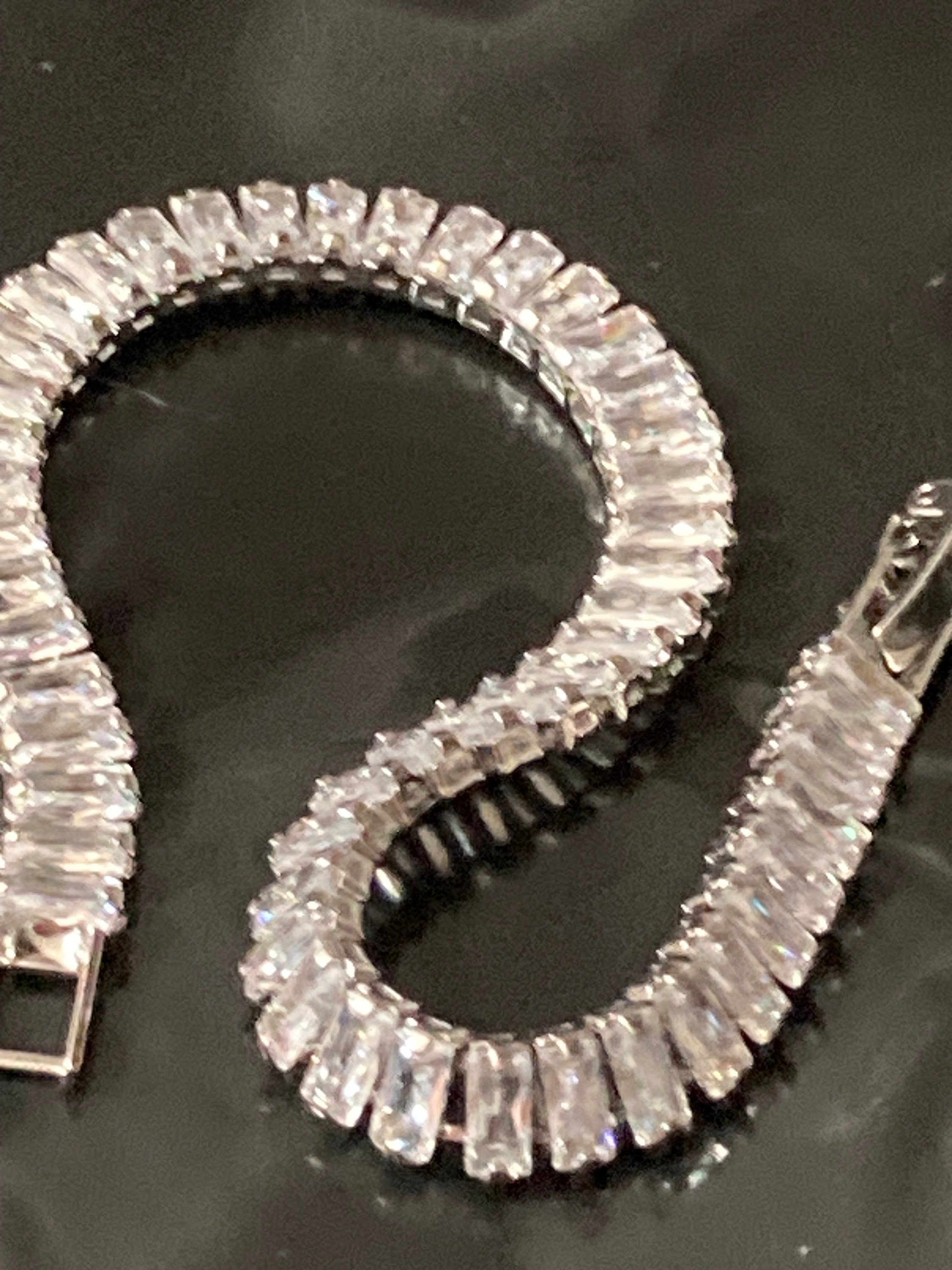 retro clear baguette diamanté Crystal bezel set silver plated tennis bracelet