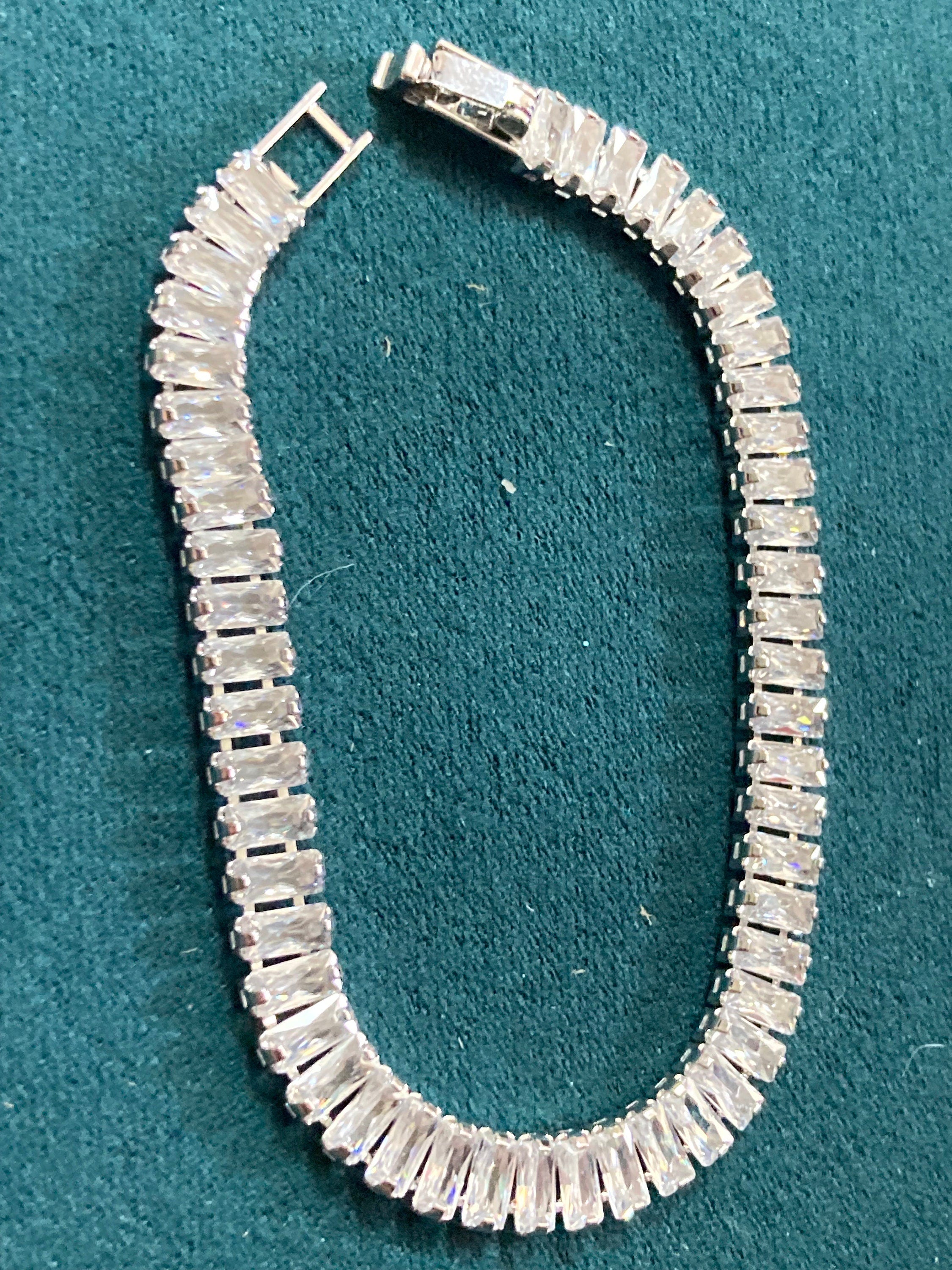 retro clear baguette diamanté Crystal bezel set silver plated tennis bracelet