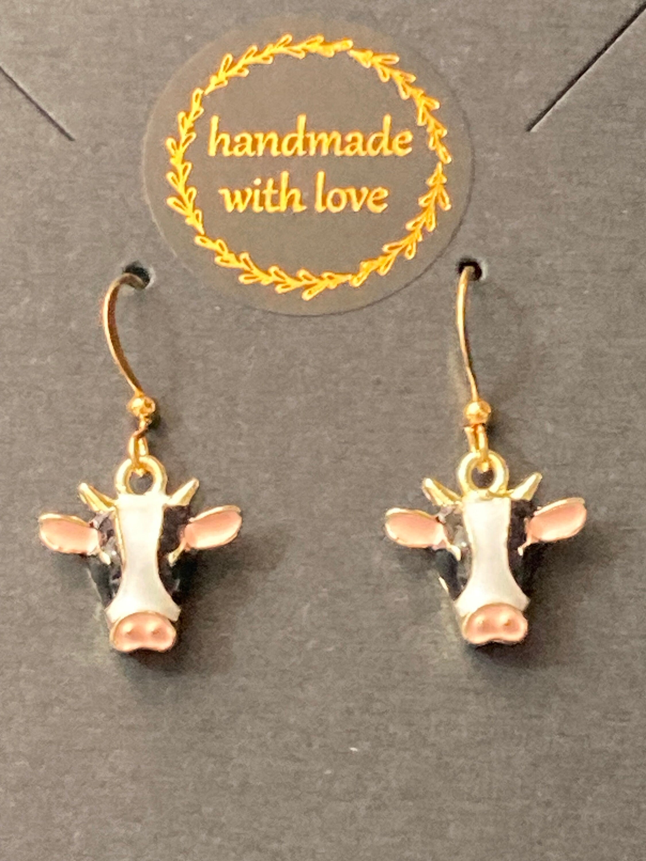 Small farmyard cow earrings black white enamel gold tone