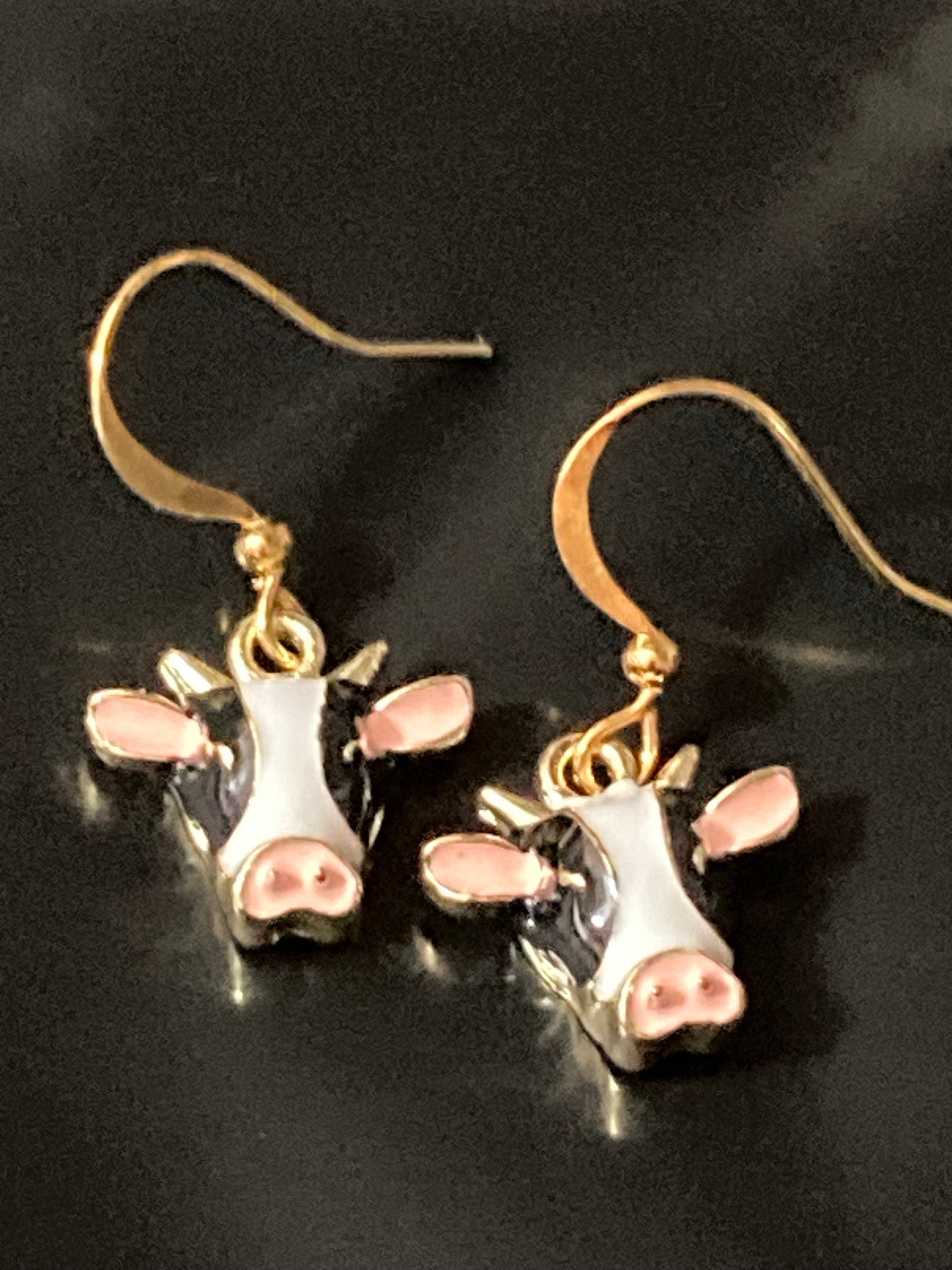 Small farmyard cow earrings black white enamel gold tone